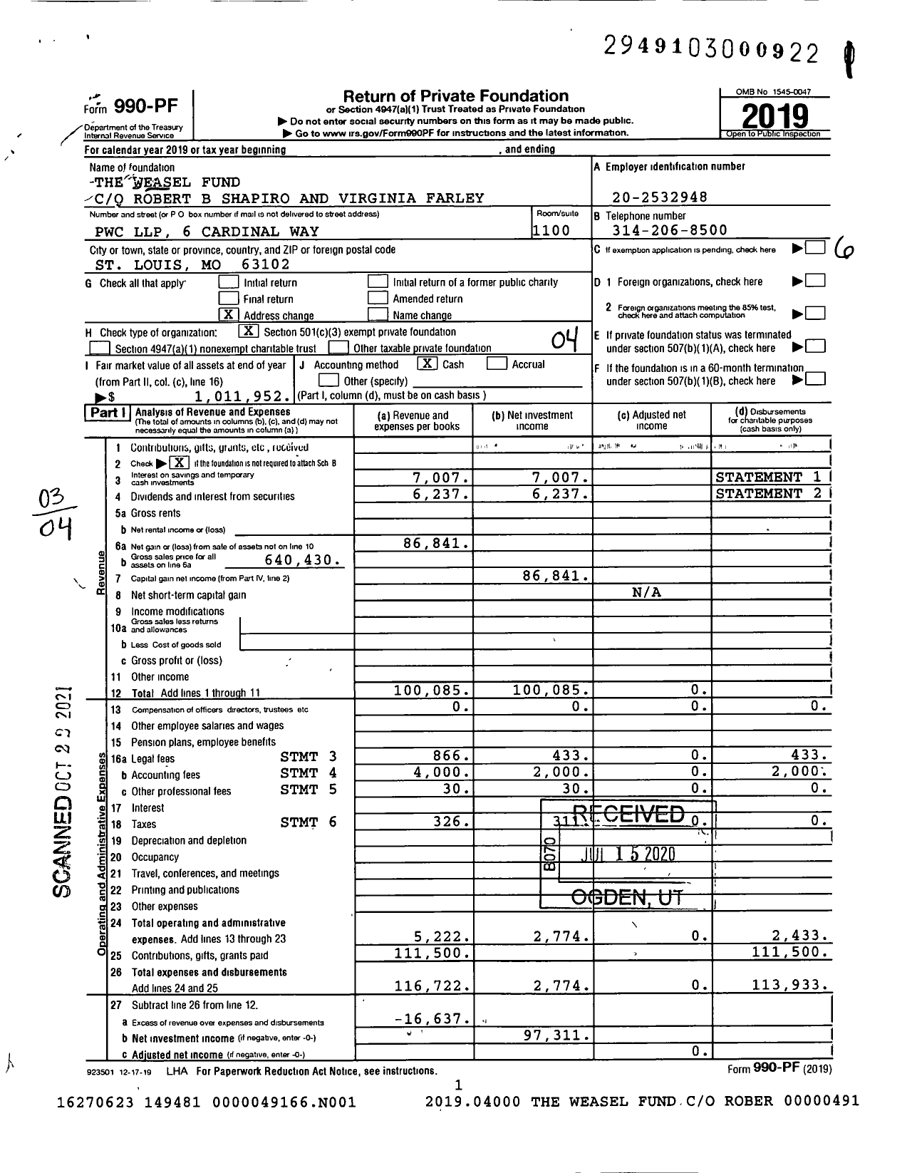 Image of first page of 2019 Form 990PF for The Weasel Fund