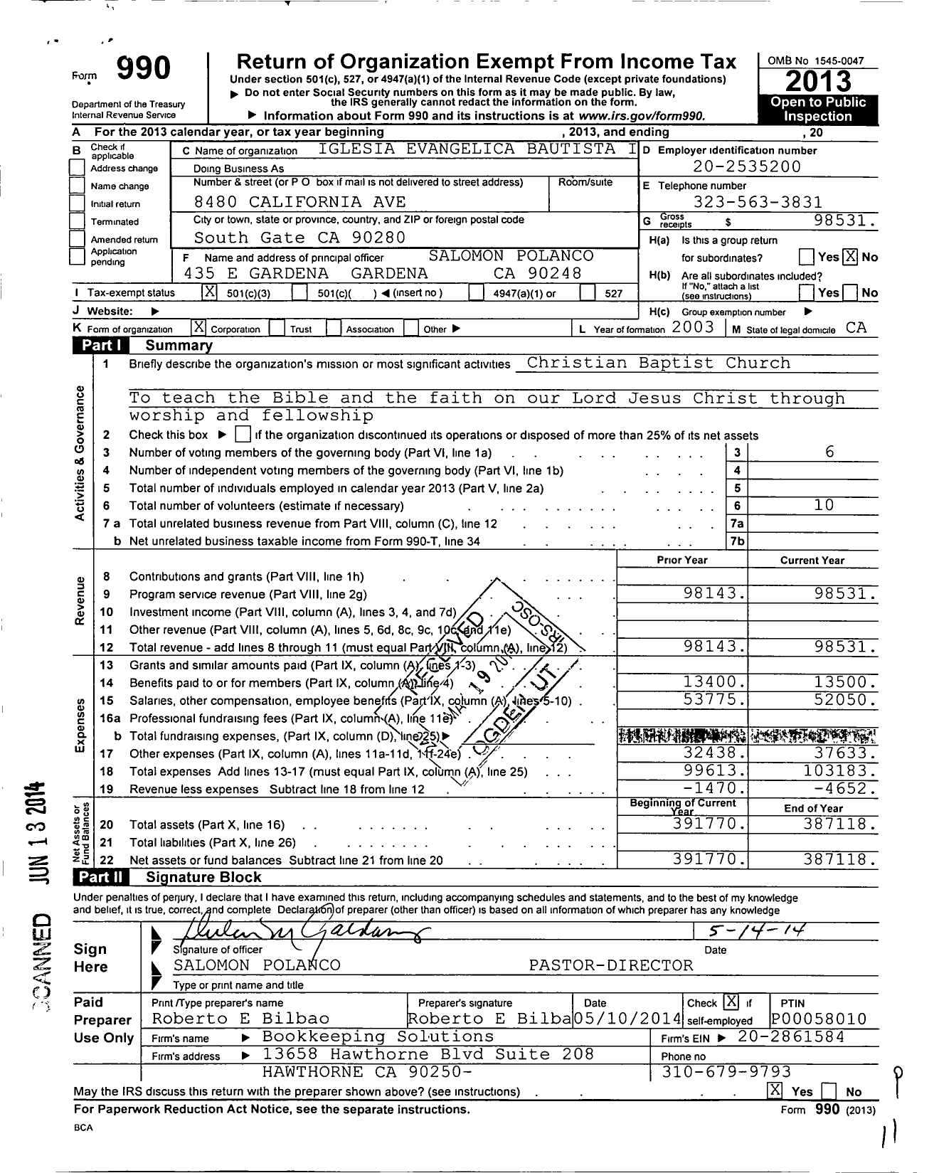 Image of first page of 2013 Form 990 for Iglesia Evangelica Bautista