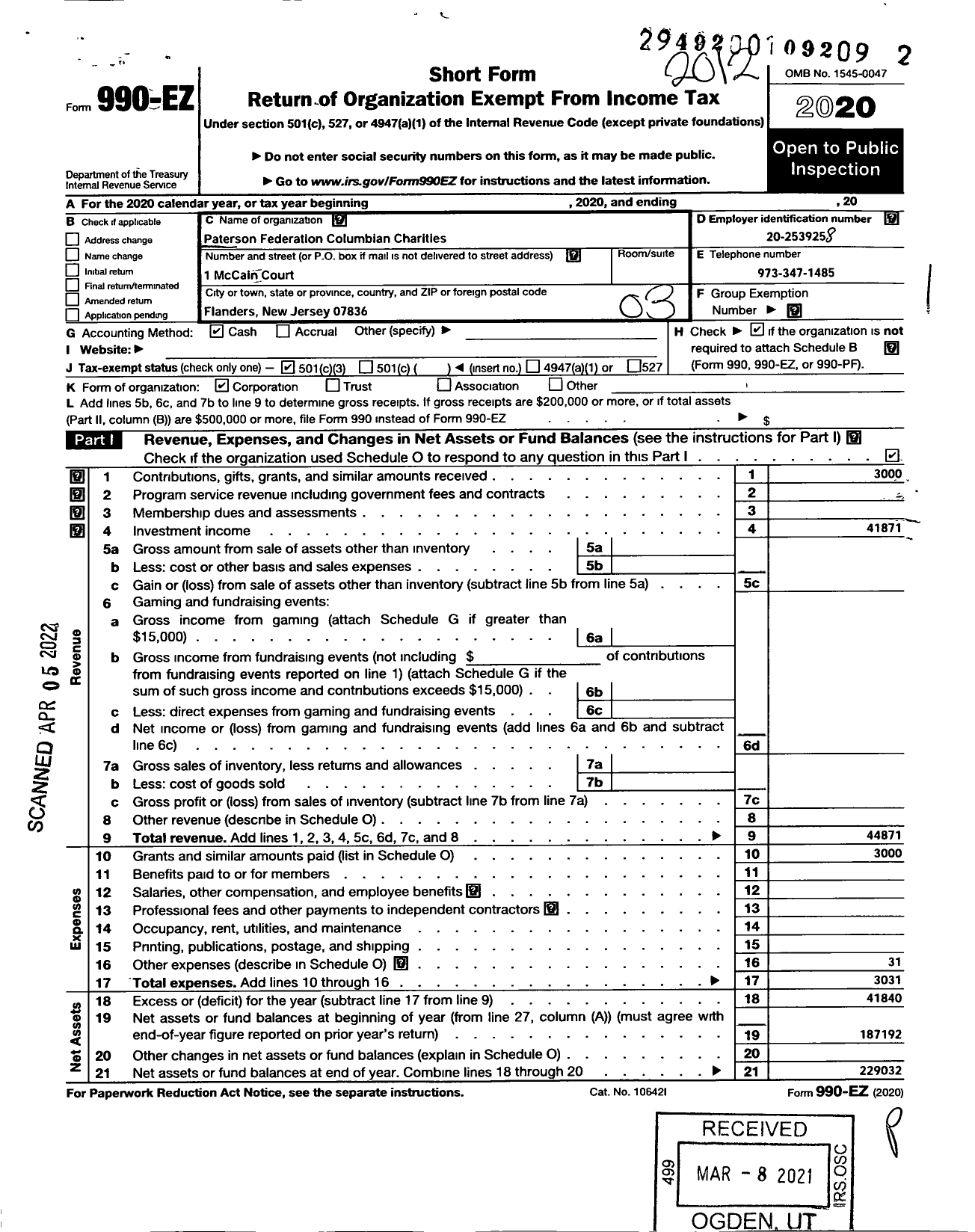 Image of first page of 2020 Form 990EZ for Paterson Federation Columbian Charities A NJ Nonprofit Corporation