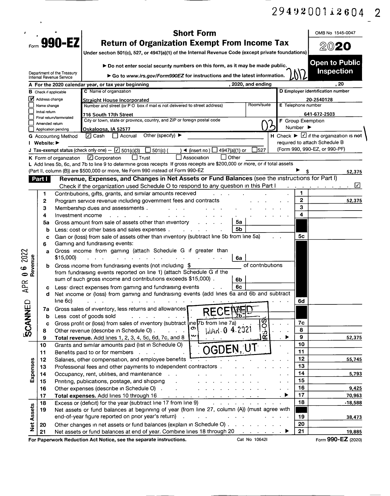 Image of first page of 2020 Form 990EZ for Straight House Incorporated