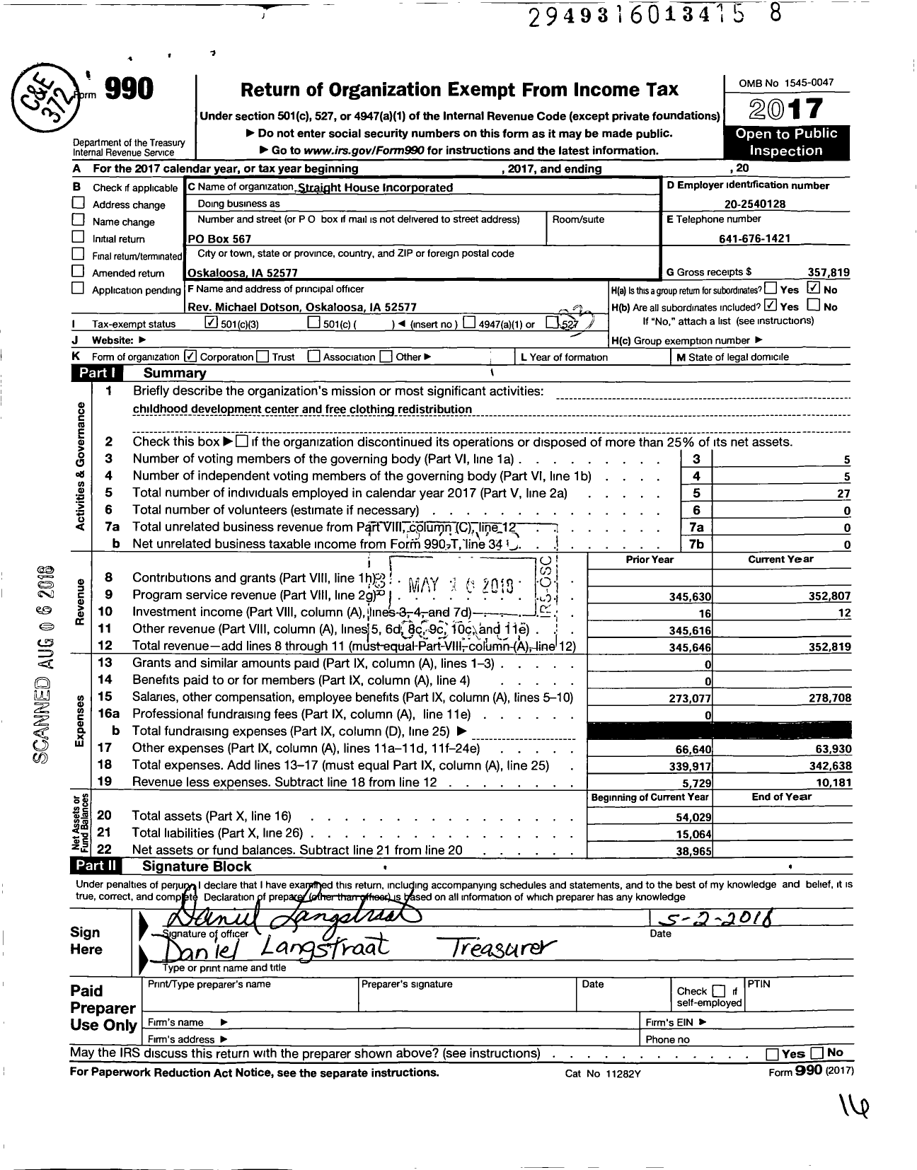 Image of first page of 2017 Form 990 for Straight House Incorporated