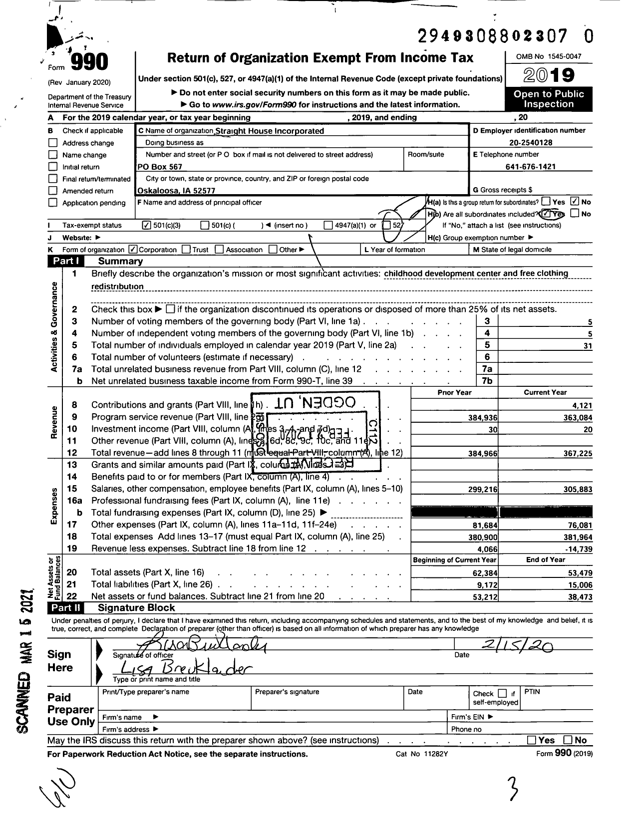 Image of first page of 2019 Form 990 for Straight House Incorporated