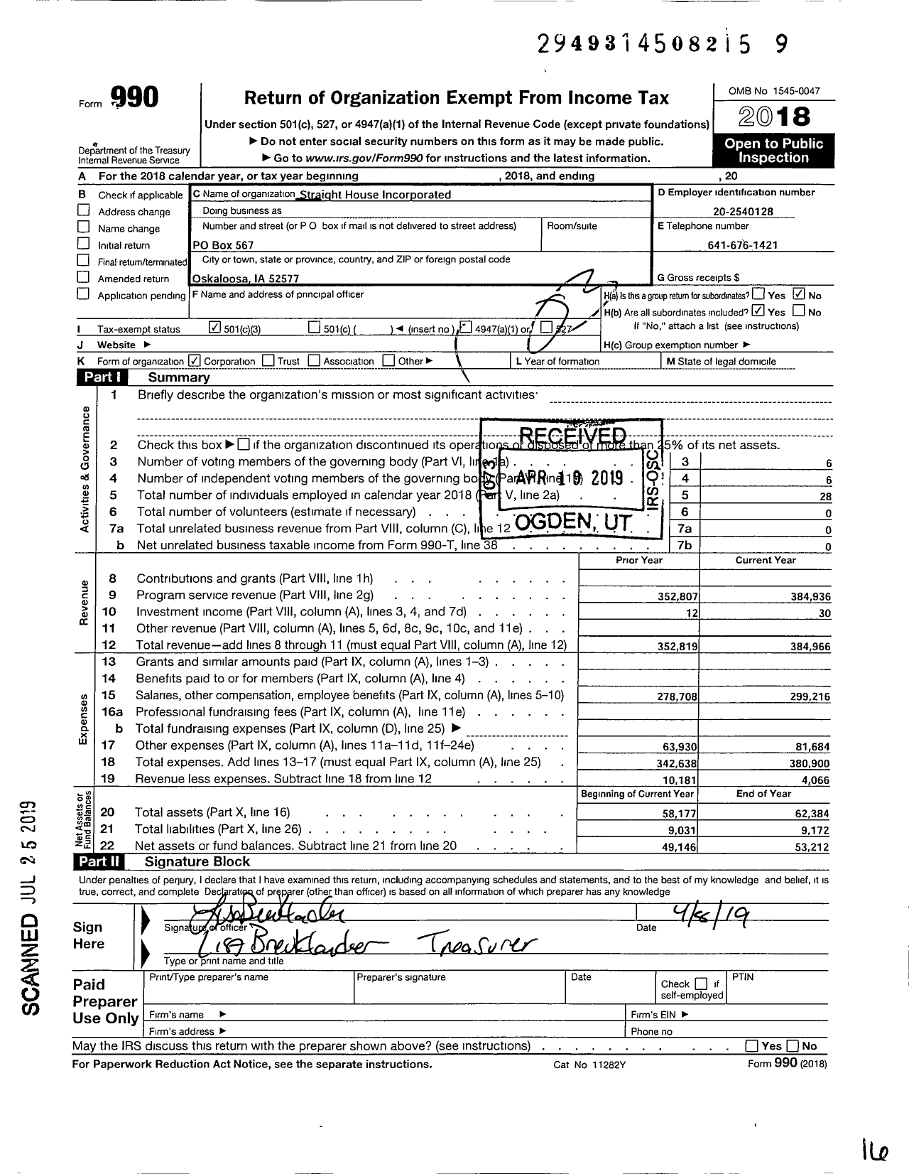 Image of first page of 2018 Form 990 for Straight House Incorporated