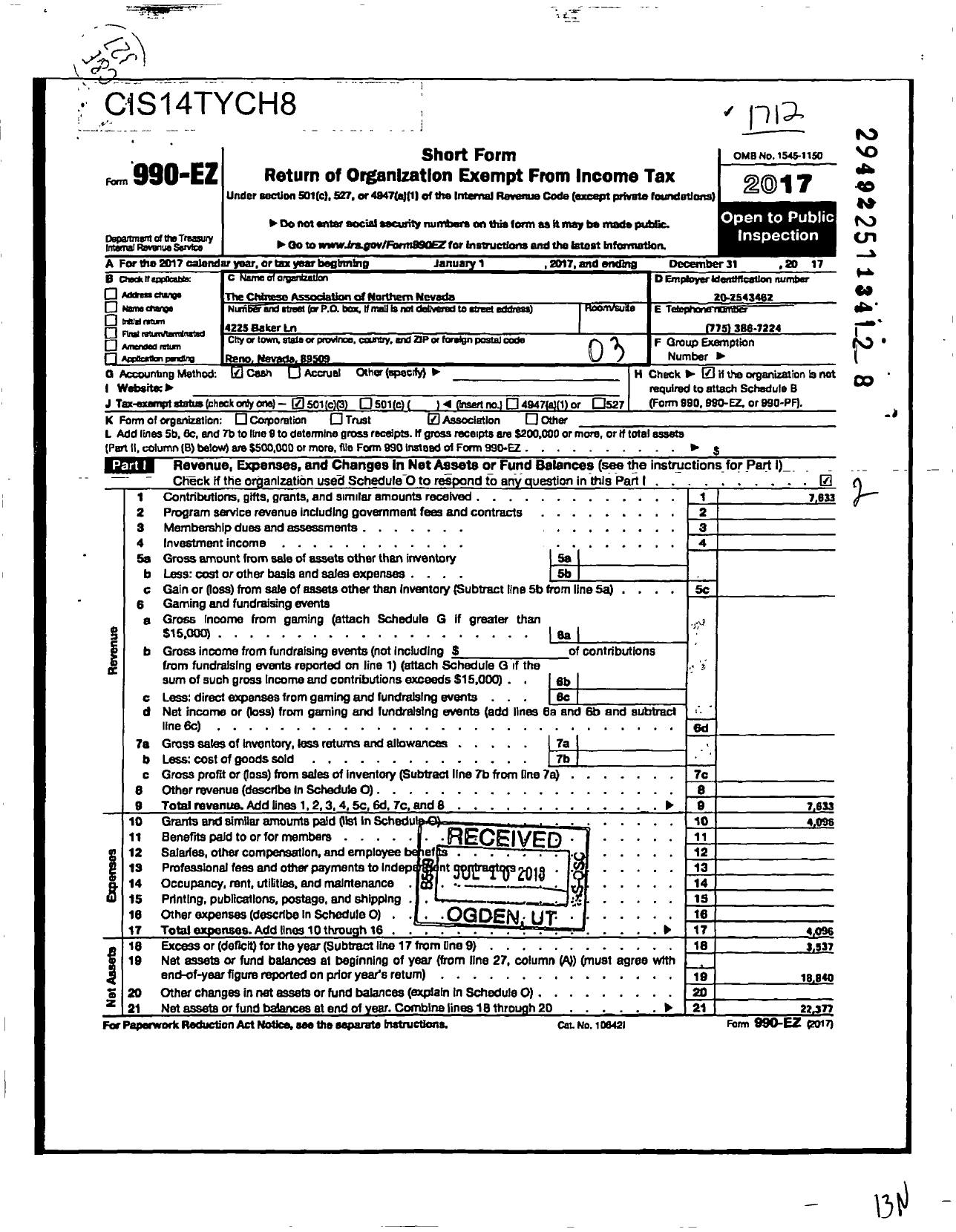 Image of first page of 2017 Form 990EZ for Chinese Association of Northern Nevada