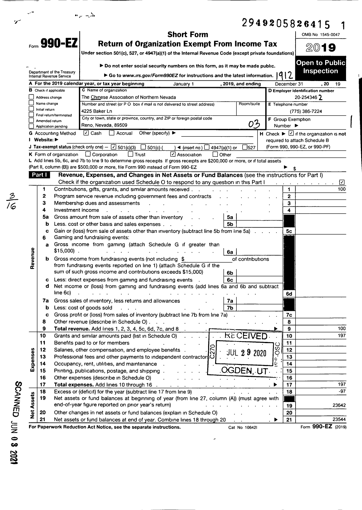 Image of first page of 2019 Form 990EZ for Chinese Association of Northern Nevada