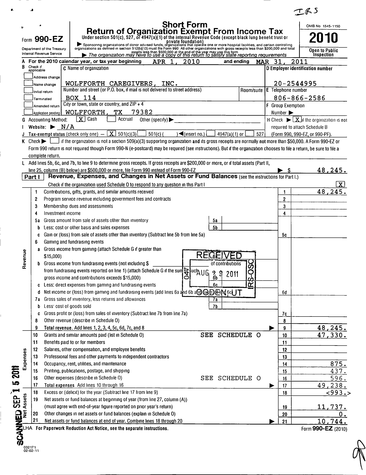 Image of first page of 2010 Form 990EZ for Wolfforth Caregivers