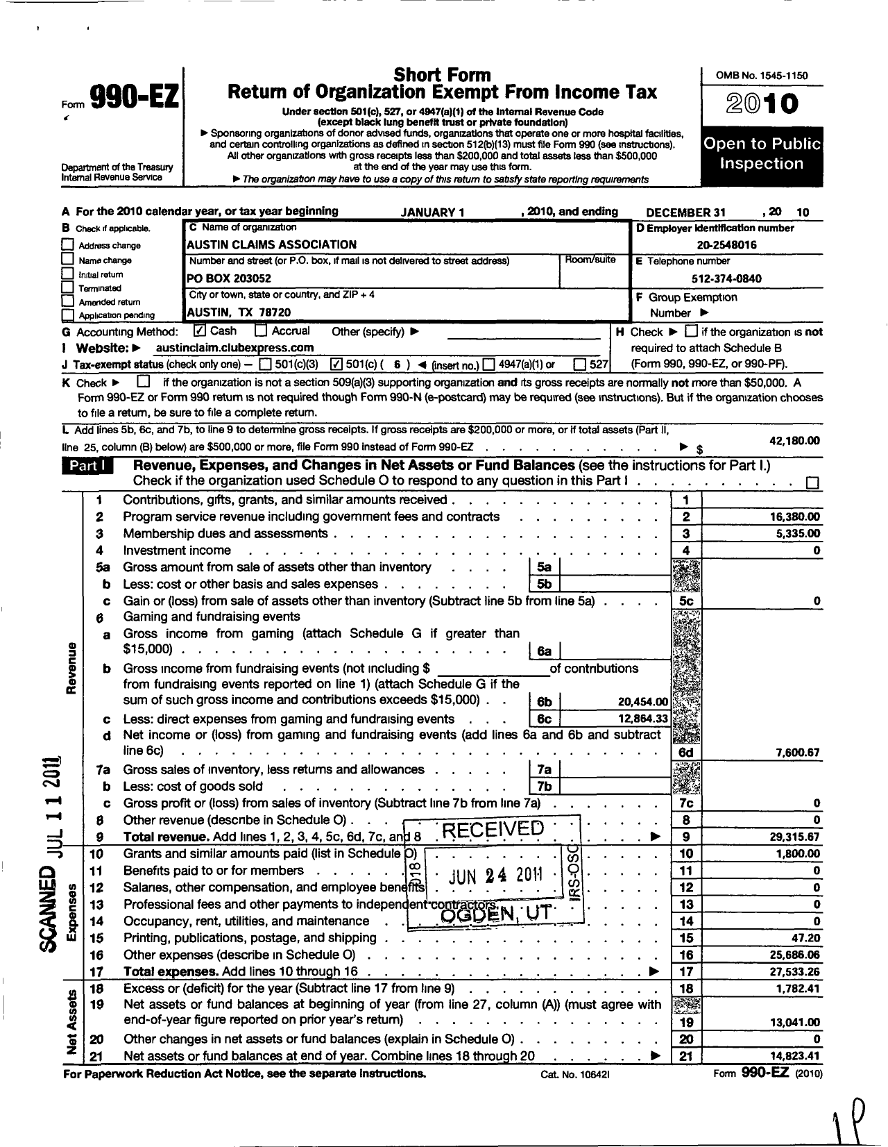 Image of first page of 2010 Form 990EO for Austin Claims Association