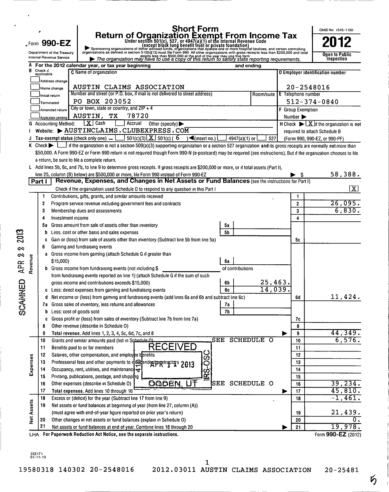 Image of first page of 2012 Form 990EO for Austin Claims Association