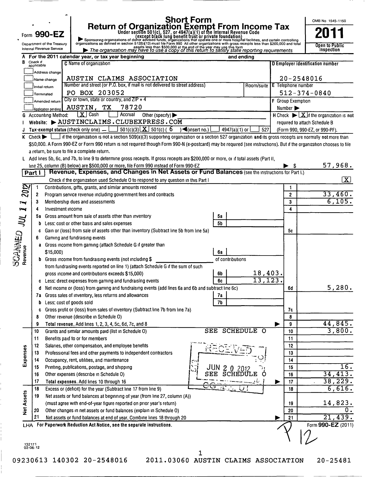 Image of first page of 2011 Form 990EO for Austin Claims Association