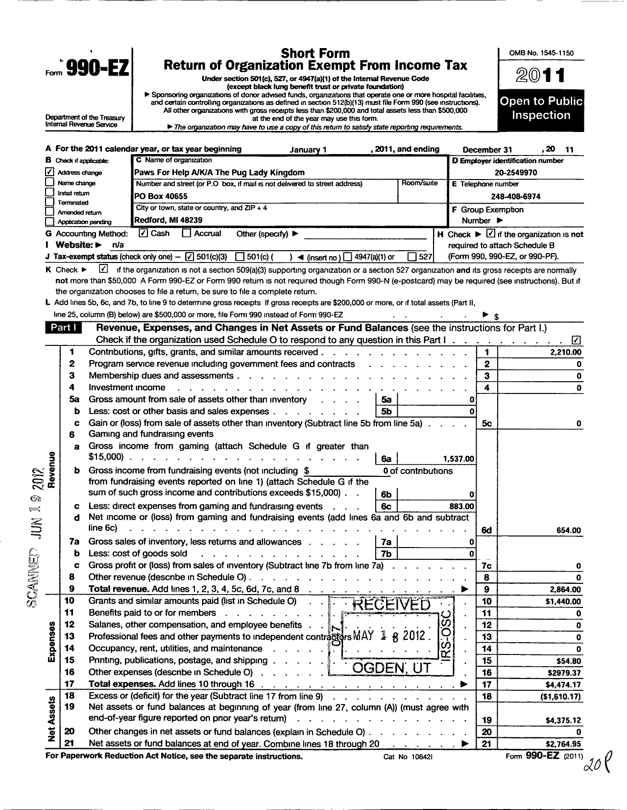 Image of first page of 2011 Form 990EZ for Paws for Help