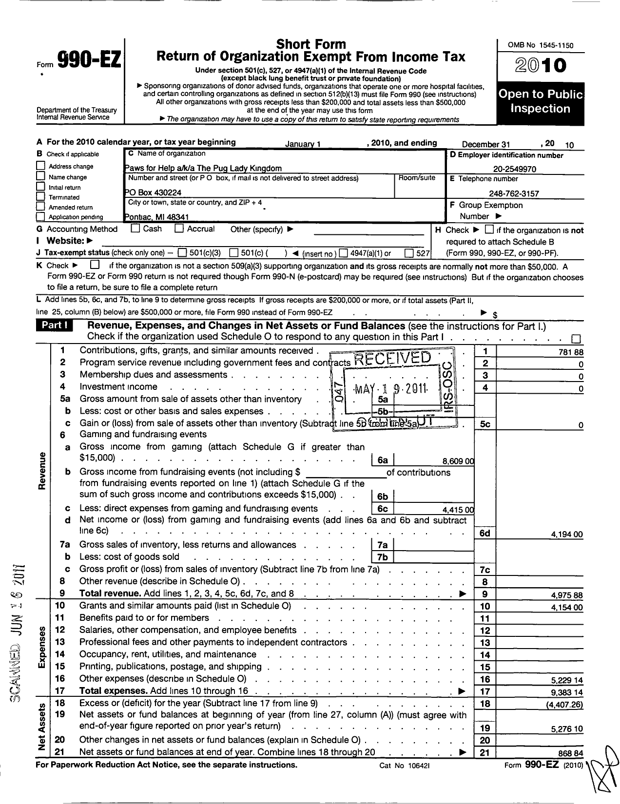 Image of first page of 2010 Form 990EO for Paws for Help