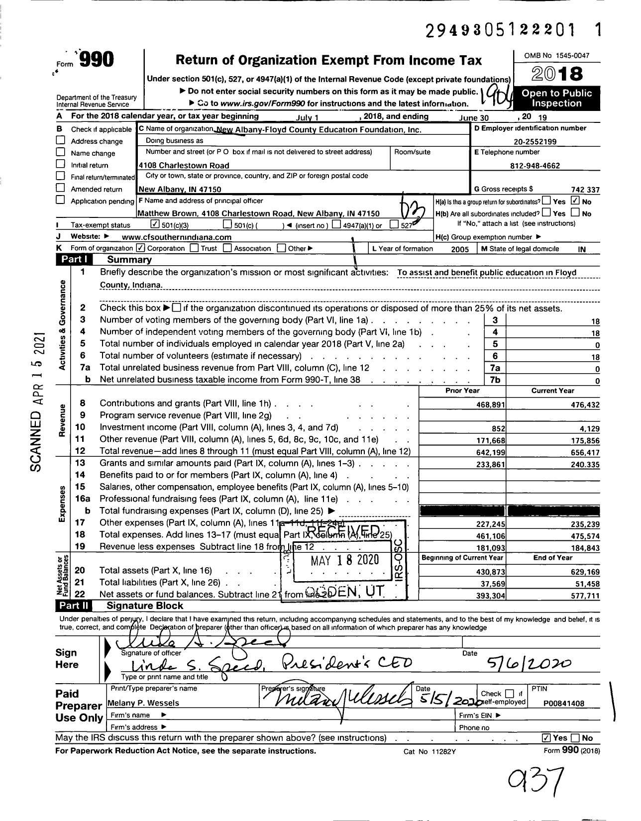 Image of first page of 2018 Form 990 for New Albany - Floyd County Educational Foundation