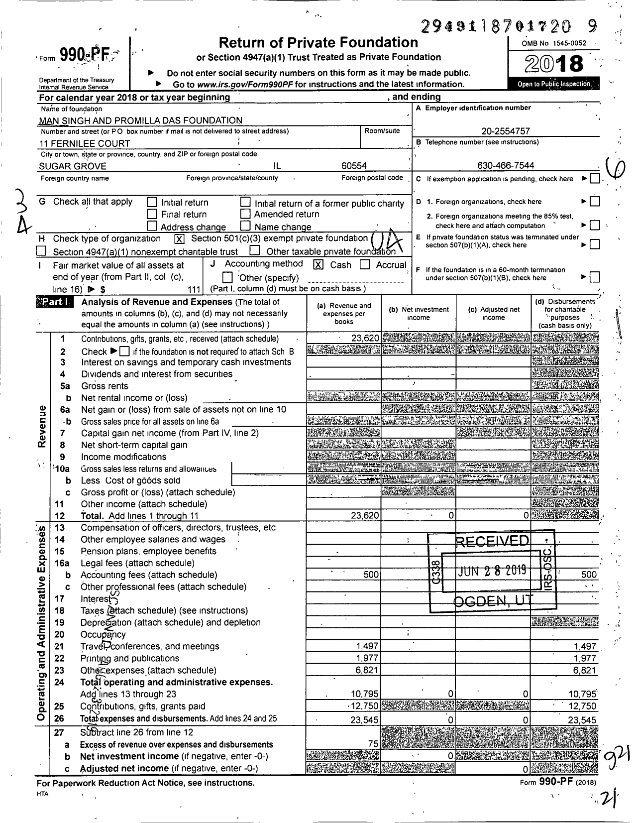 Image of first page of 2018 Form 990PF for Man Singh and Promilla Das Foundation