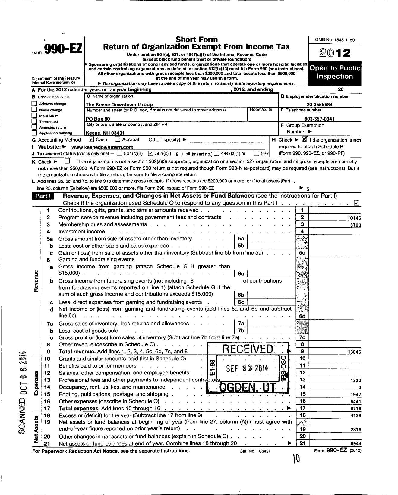 Image of first page of 2012 Form 990EO for The Keene Downtown Group