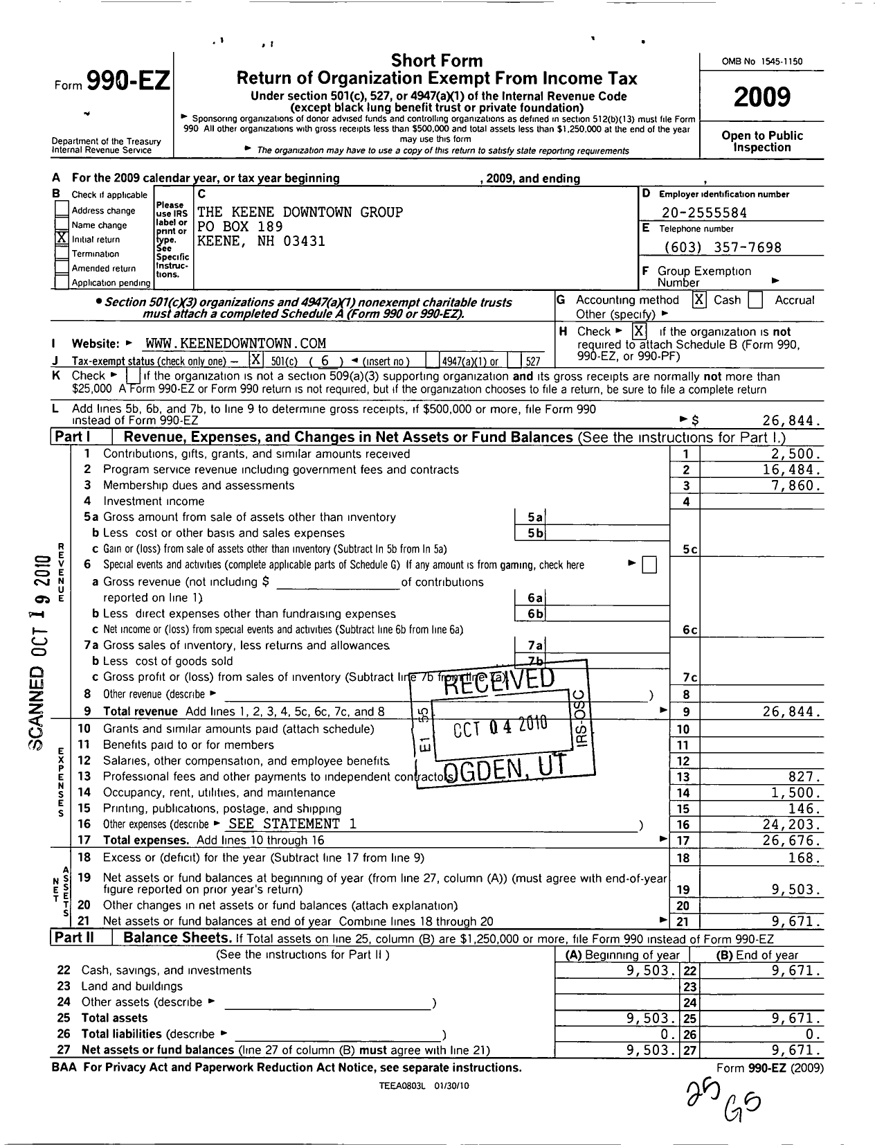 Image of first page of 2009 Form 990EO for The Keene Downtown Group