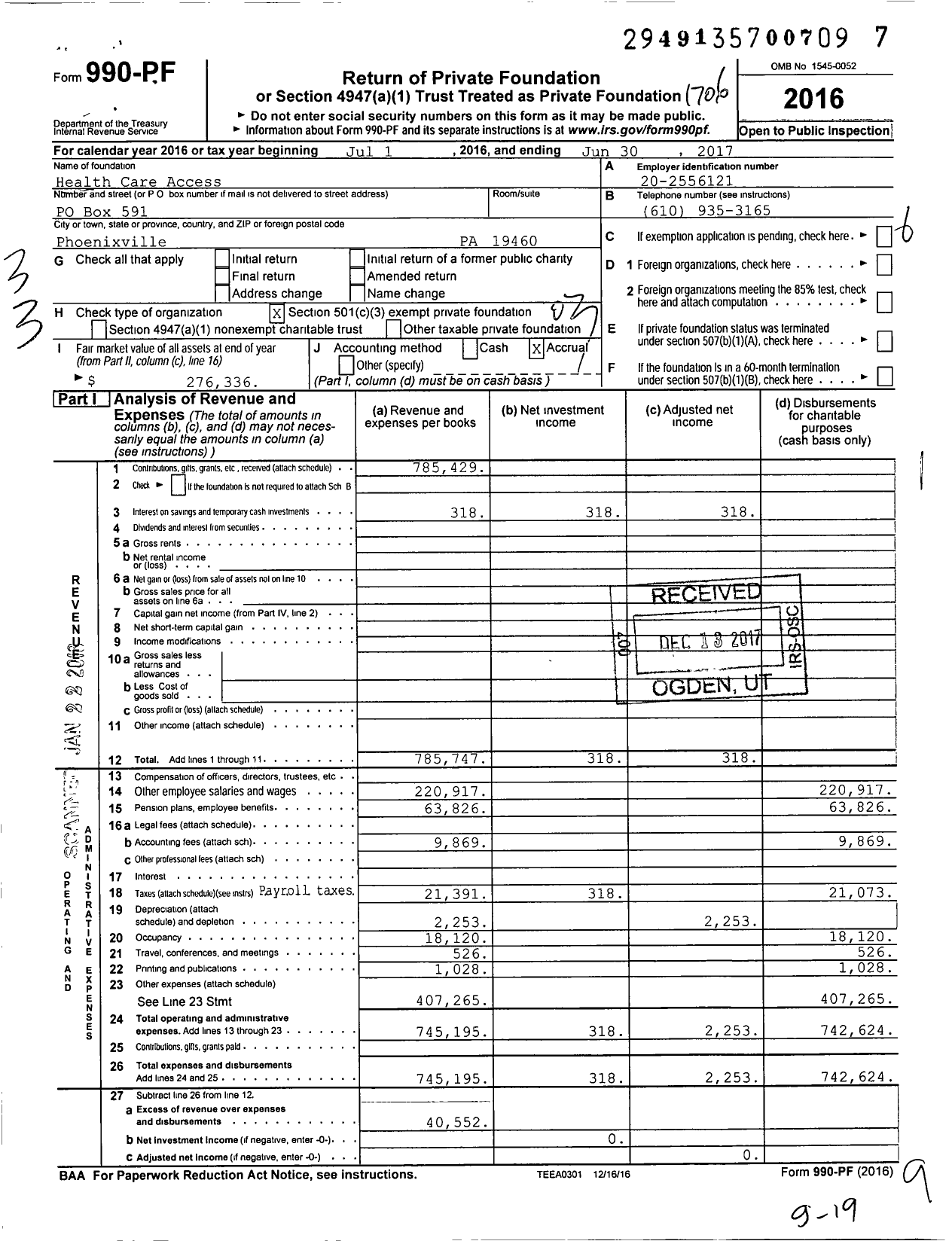 Image of first page of 2016 Form 990PF for Health Care Access