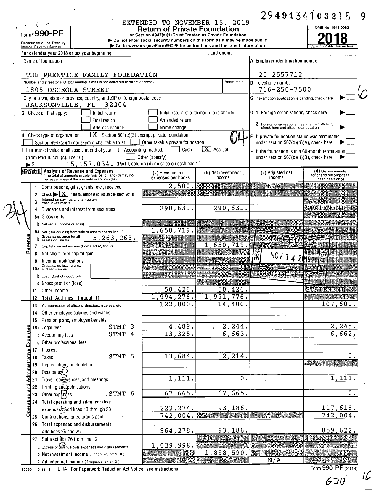 Image of first page of 2018 Form 990PF for The Prentice Family Foundation