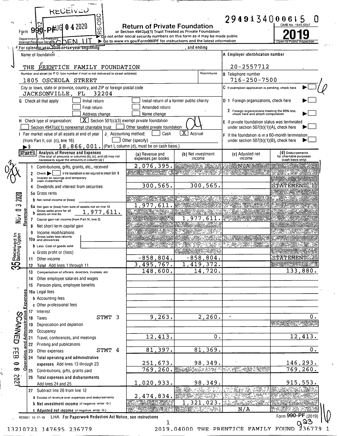 Image of first page of 2019 Form 990PF for The Prentice Family Foundation