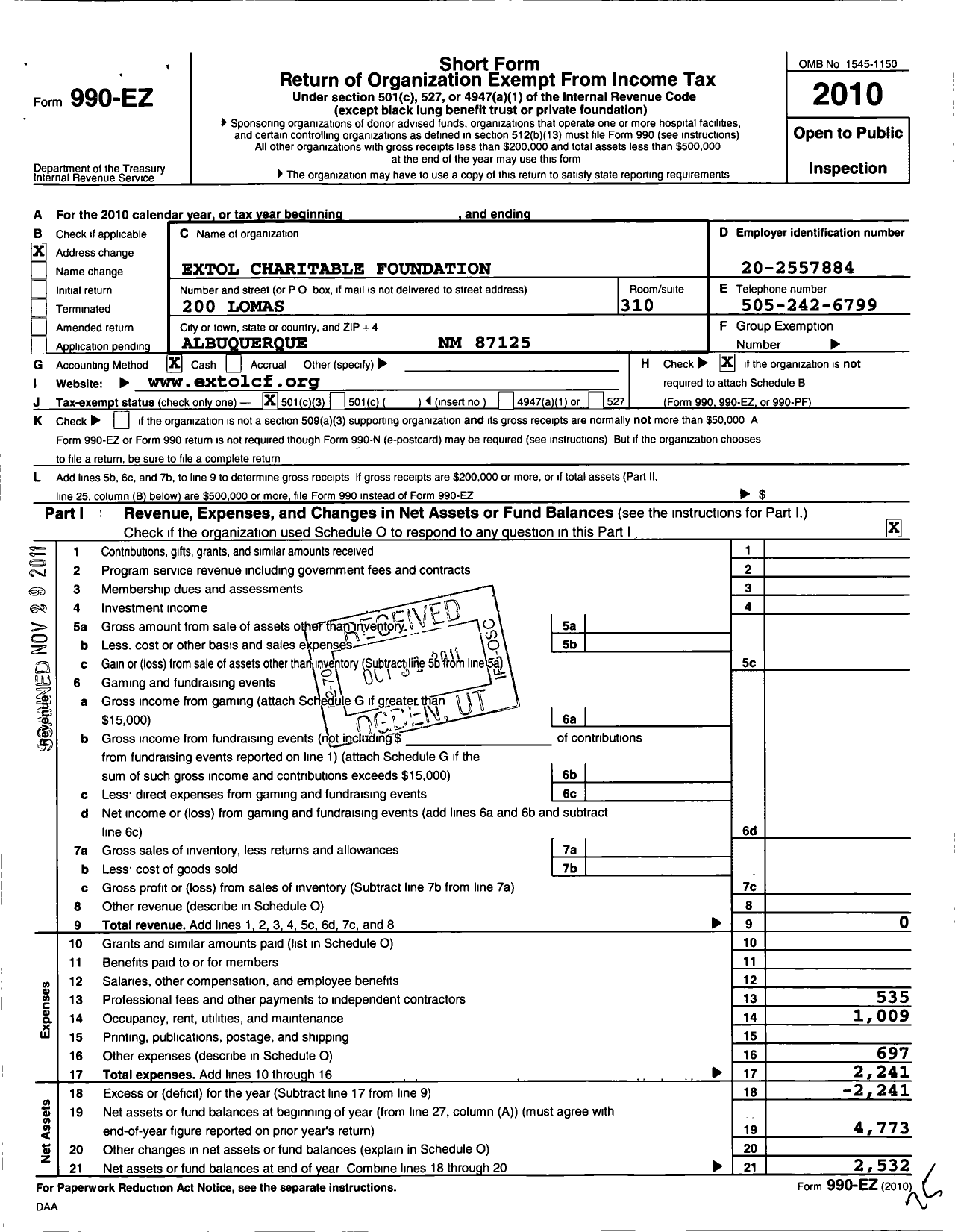 Image of first page of 2010 Form 990EZ for Extol Charitable Foundation