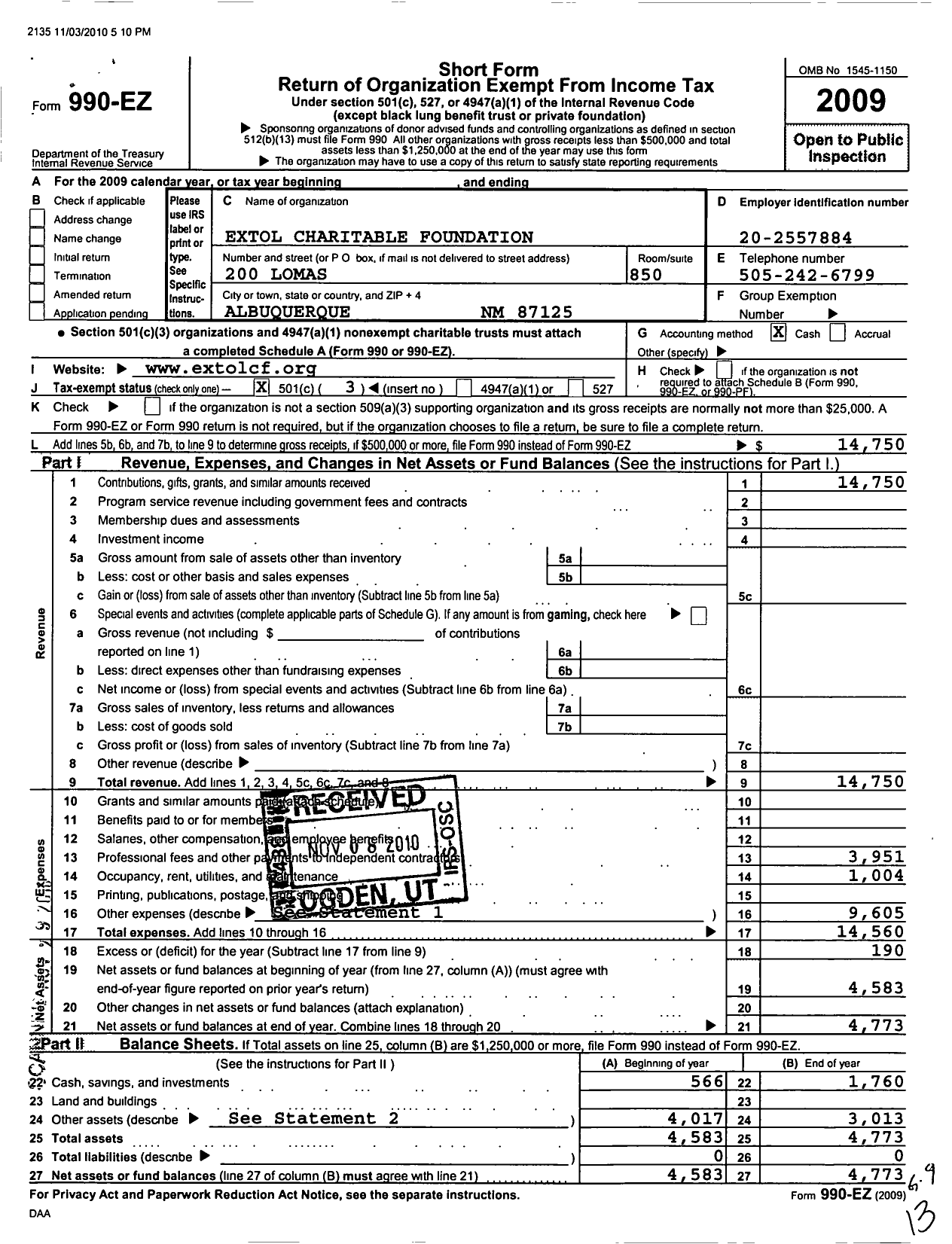 Image of first page of 2009 Form 990EZ for Extol Charitable Foundation