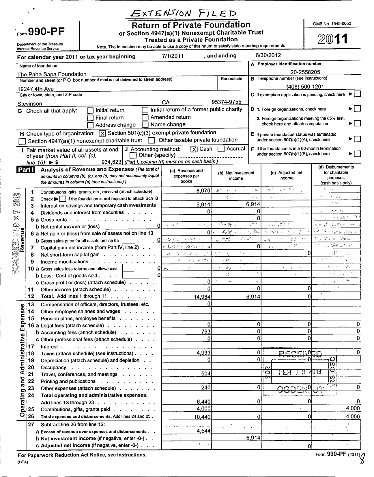 Image of first page of 2011 Form 990PF for The Paha Sapa Foundation