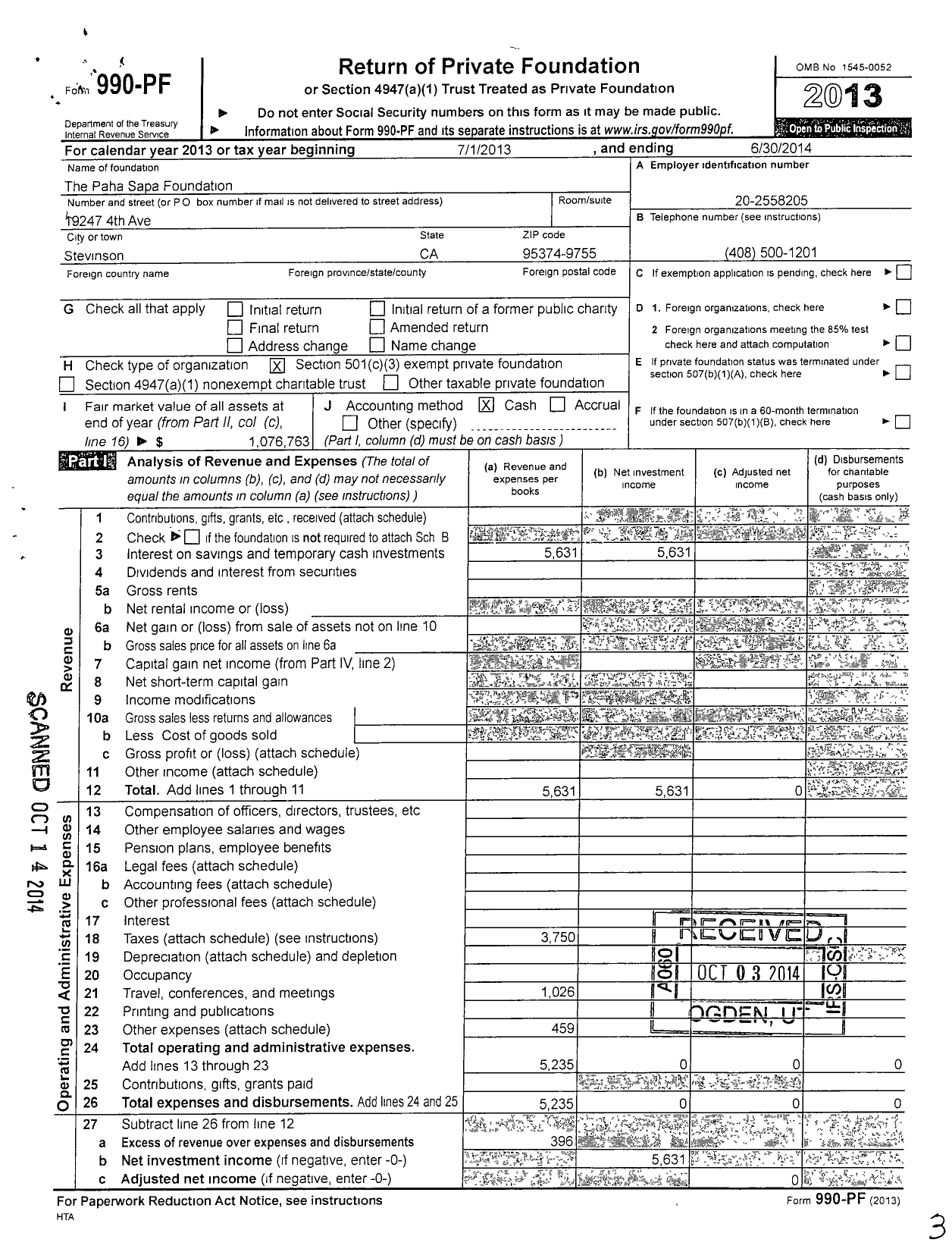 Image of first page of 2013 Form 990PF for The Paha Sapa Foundation