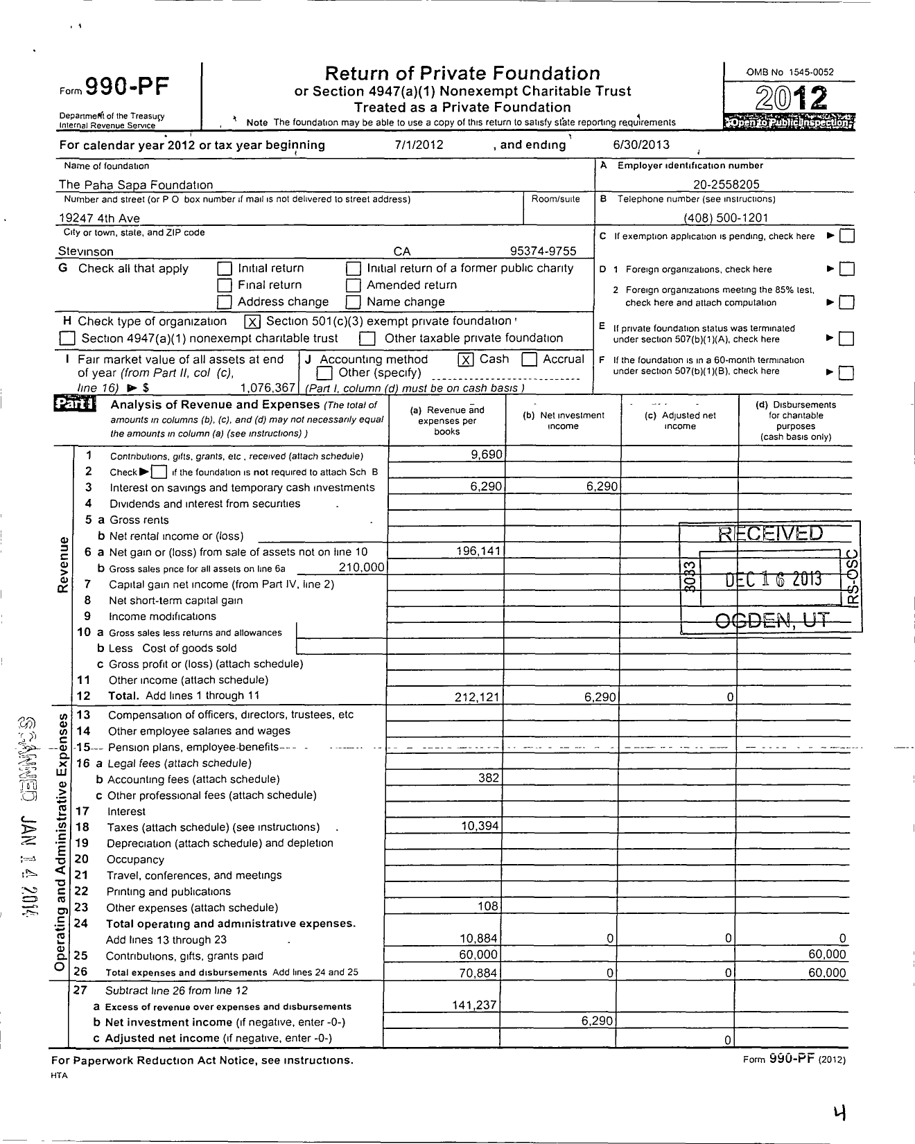 Image of first page of 2012 Form 990PF for The Paha Sapa Foundation