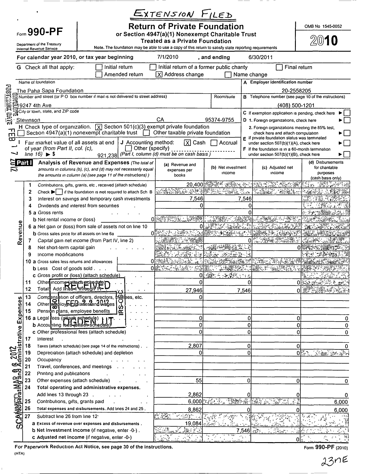 Image of first page of 2010 Form 990PF for The Paha Sapa Foundation