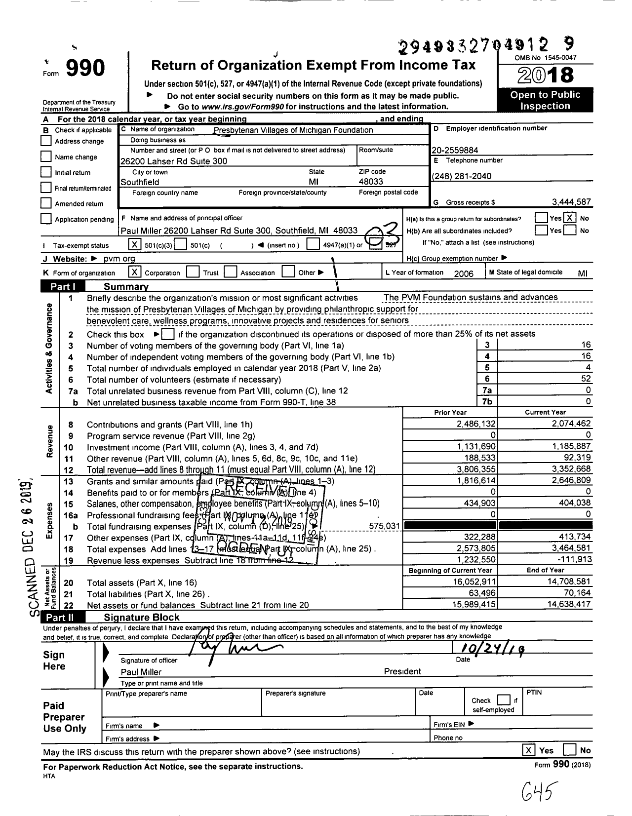 Image of first page of 2018 Form 990 for Presbyterian Villages of Michigan Foundation