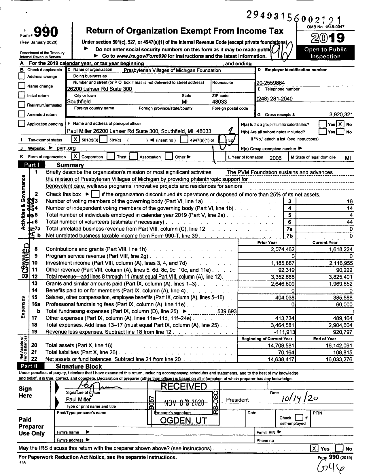 Image of first page of 2019 Form 990 for Presbyterian Villages of Michigan Foundation