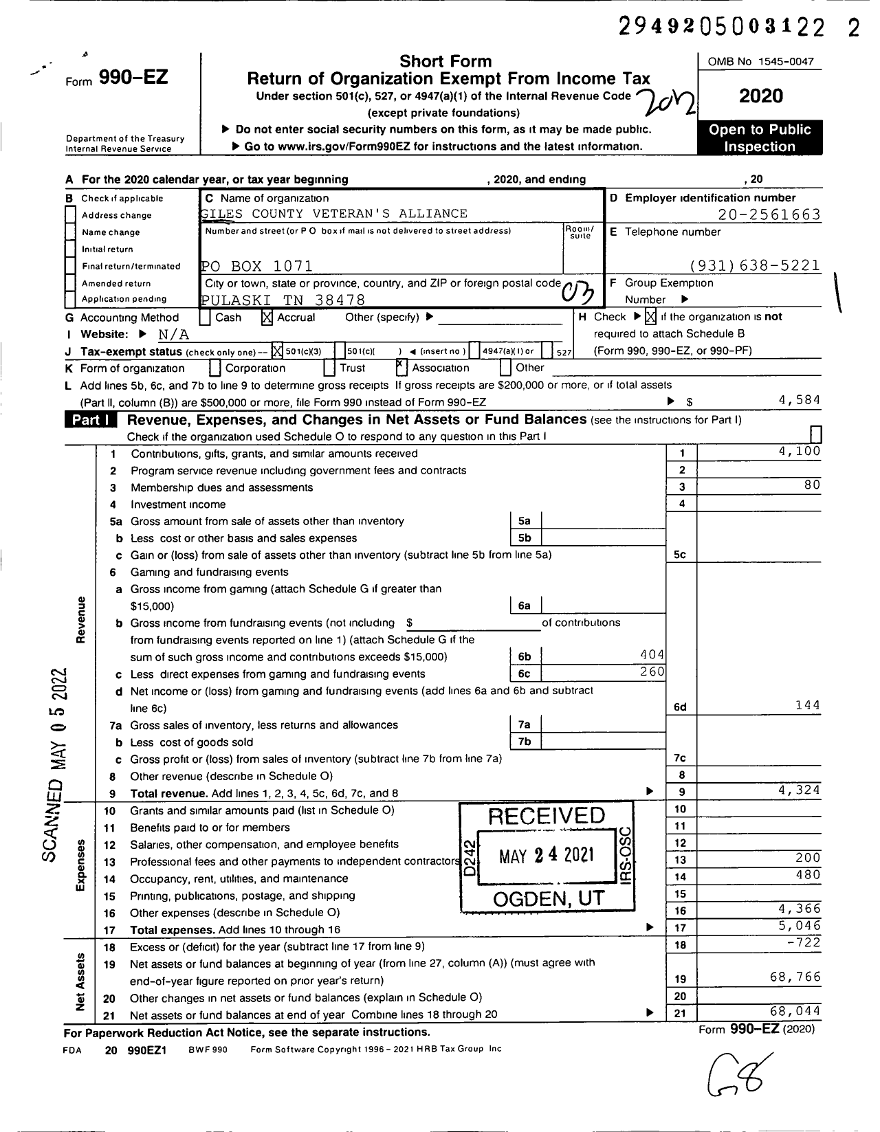 Image of first page of 2020 Form 990EZ for Giles County Veterans Alliance