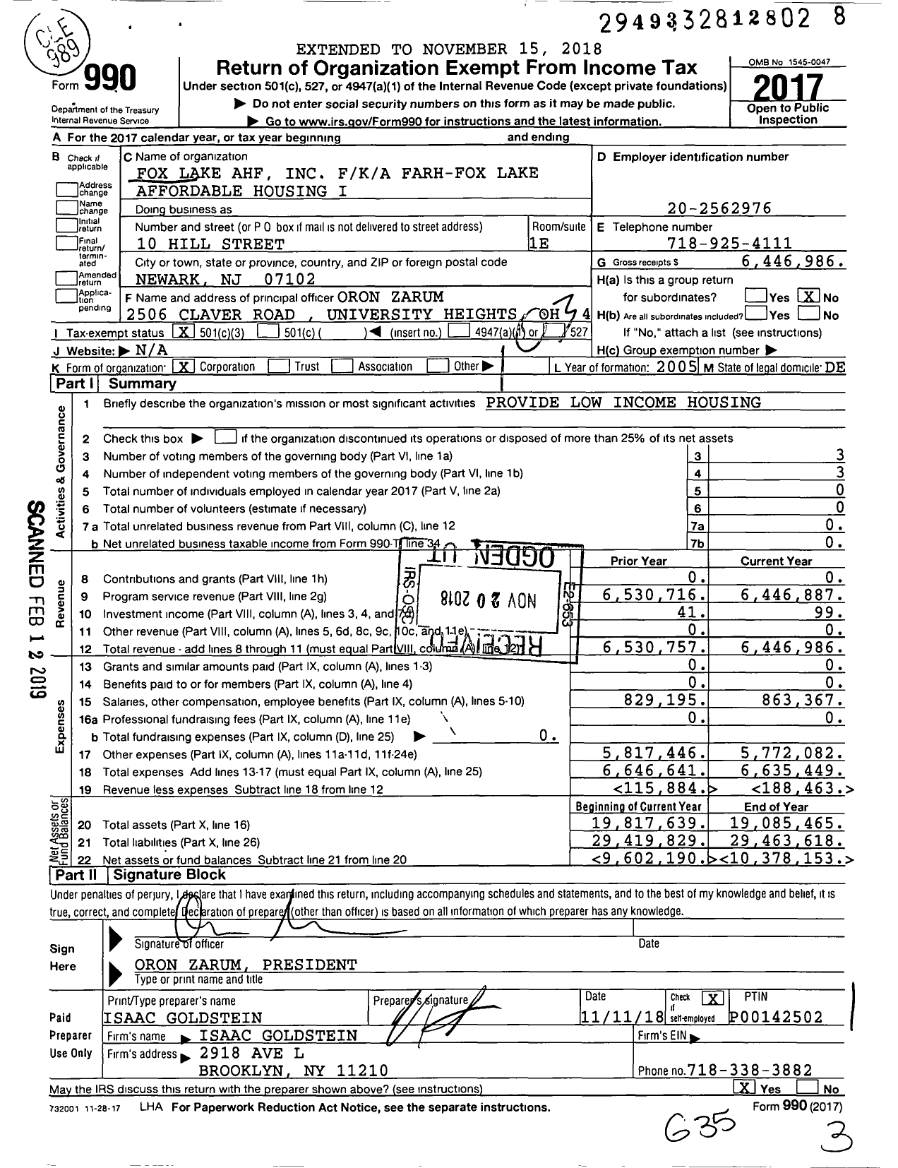Image of first page of 2017 Form 990 for Fox Lake Ahf