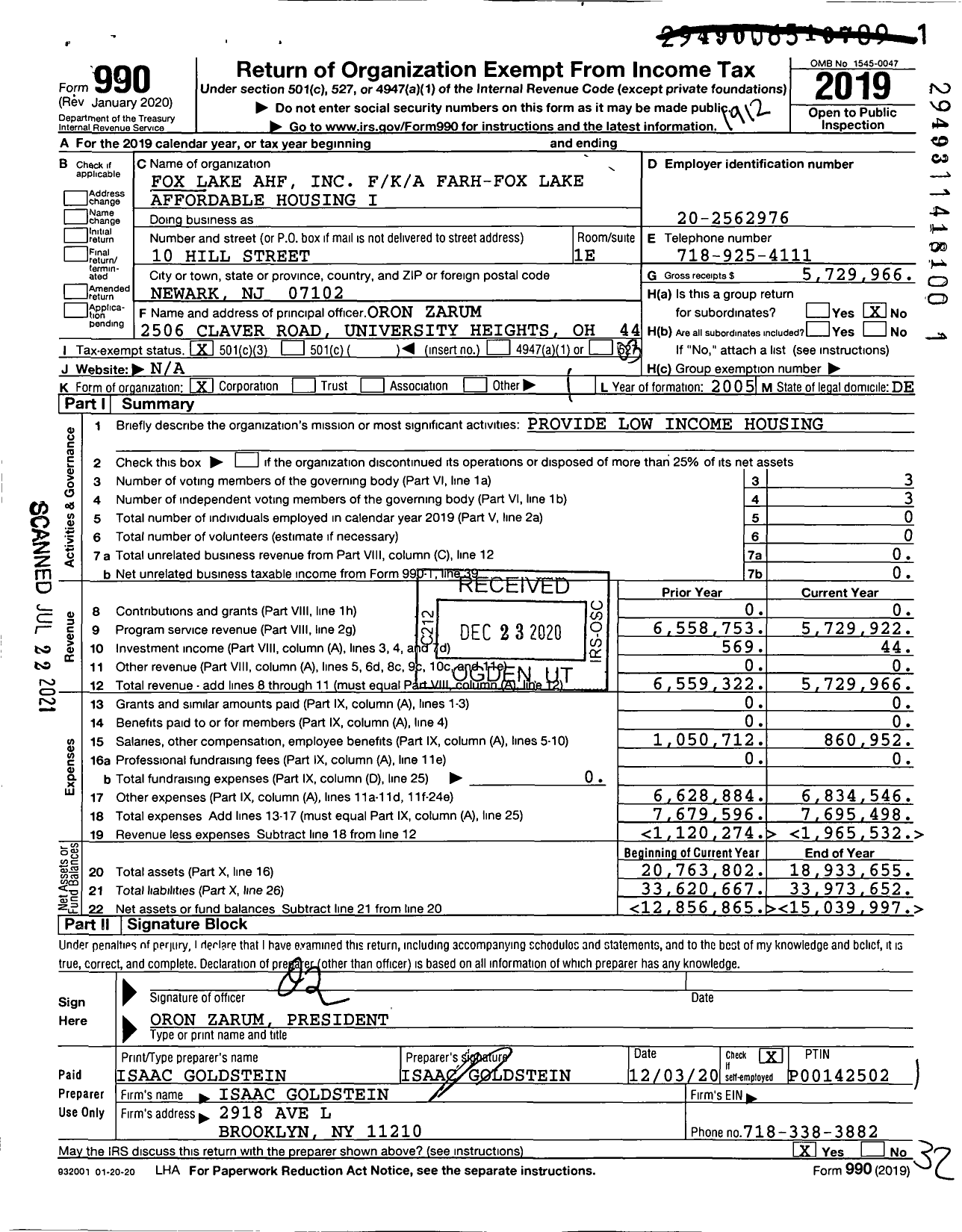 Image of first page of 2019 Form 990 for Fox Lake Ahf