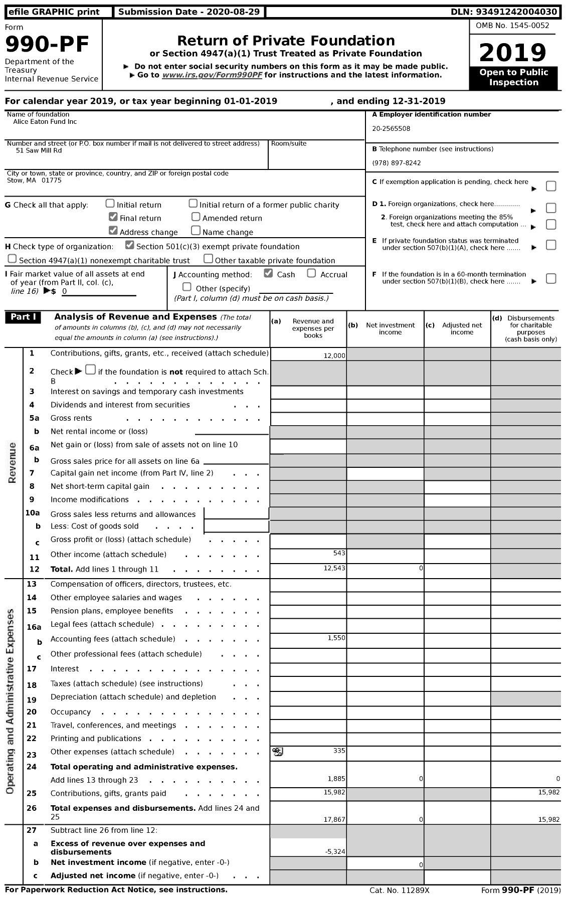 Image of first page of 2019 Form 990PF for Alice Eaton Fund