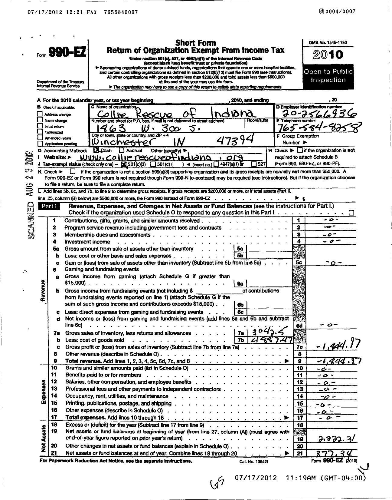 Image of first page of 2010 Form 990EZ for Collie Rescue of Indiana