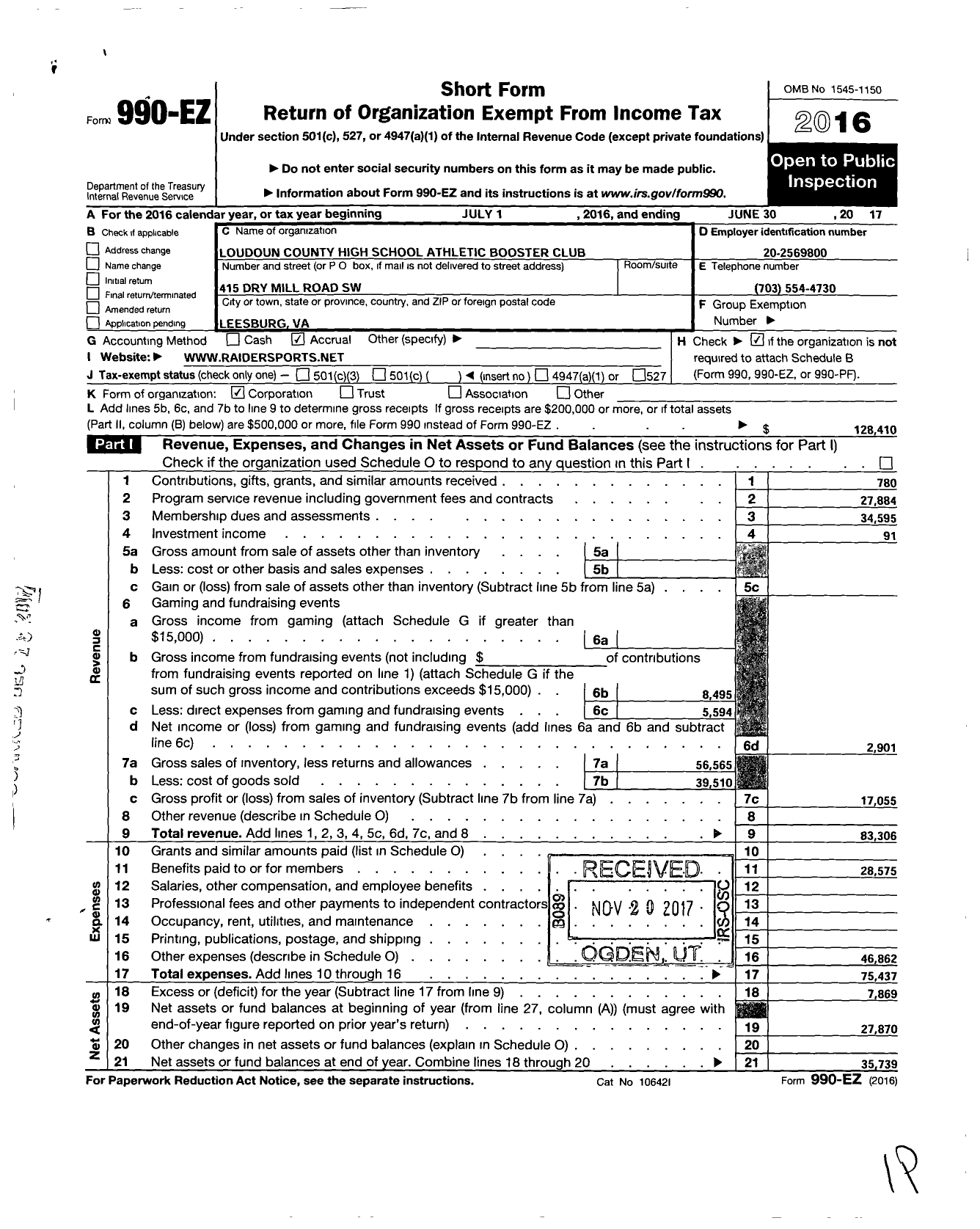 Image of first page of 2016 Form 990EO for Loudoun County High School Athletic Booster Club