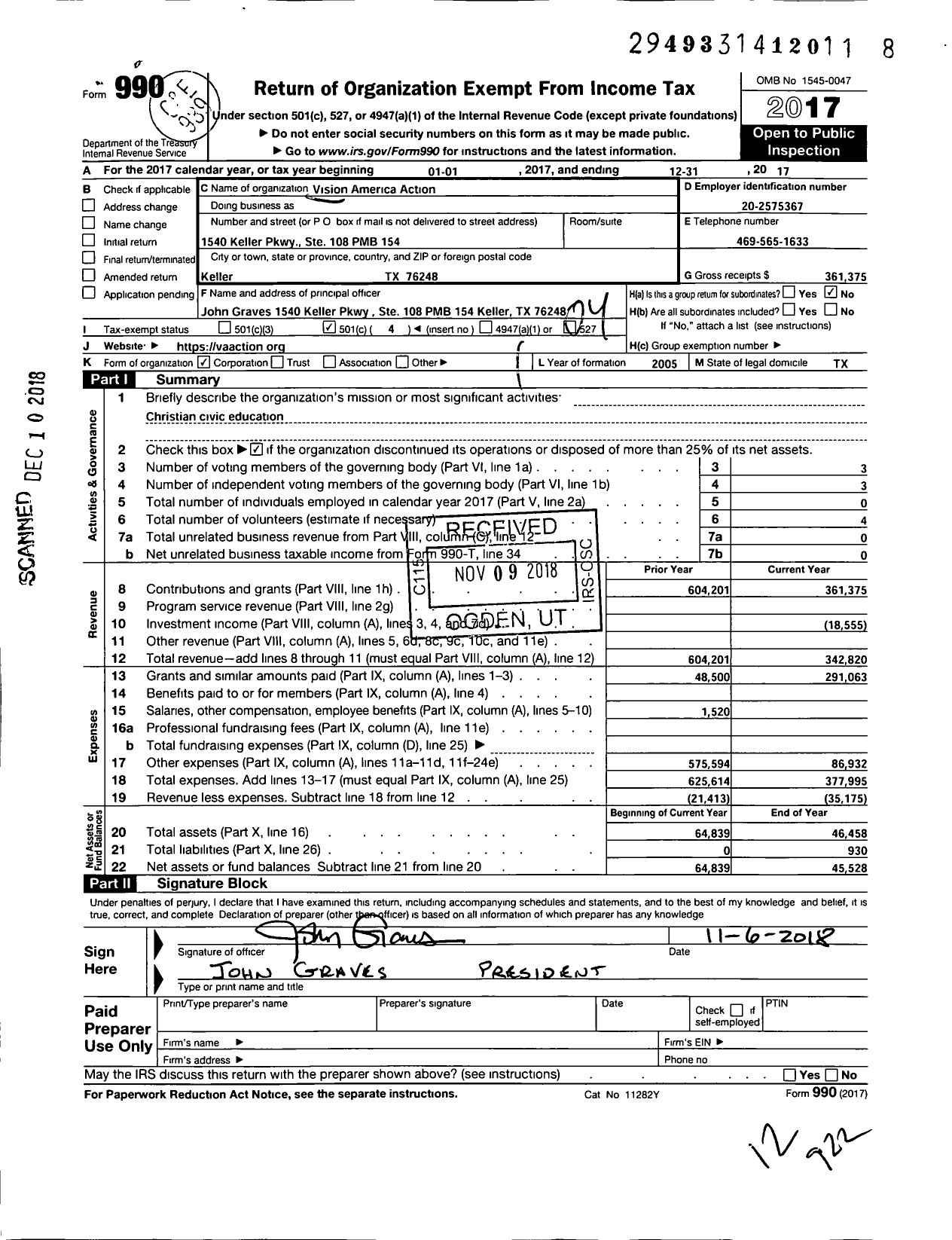 Image of first page of 2017 Form 990O for Vision America Action