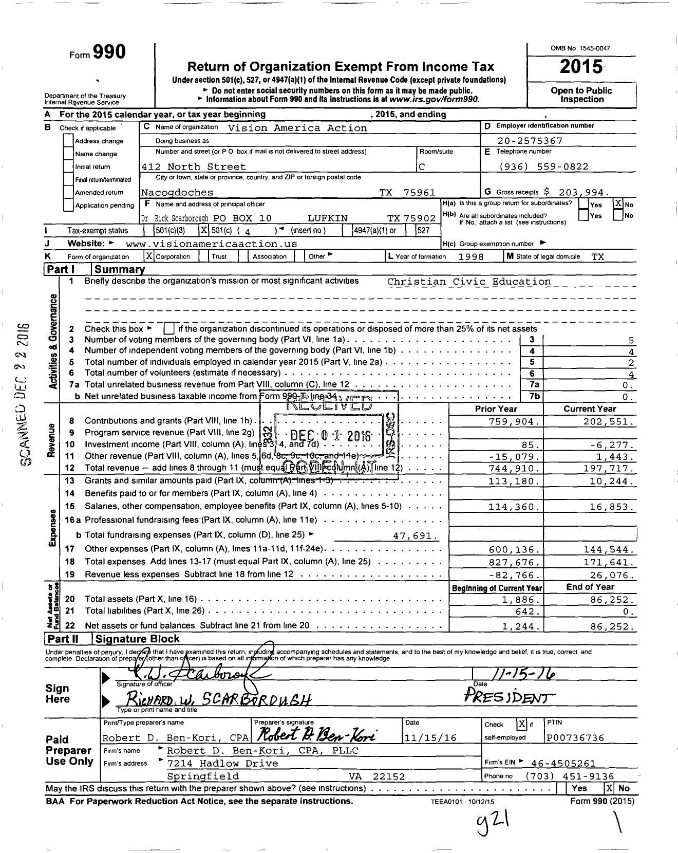 Image of first page of 2015 Form 990O for Vision America Action