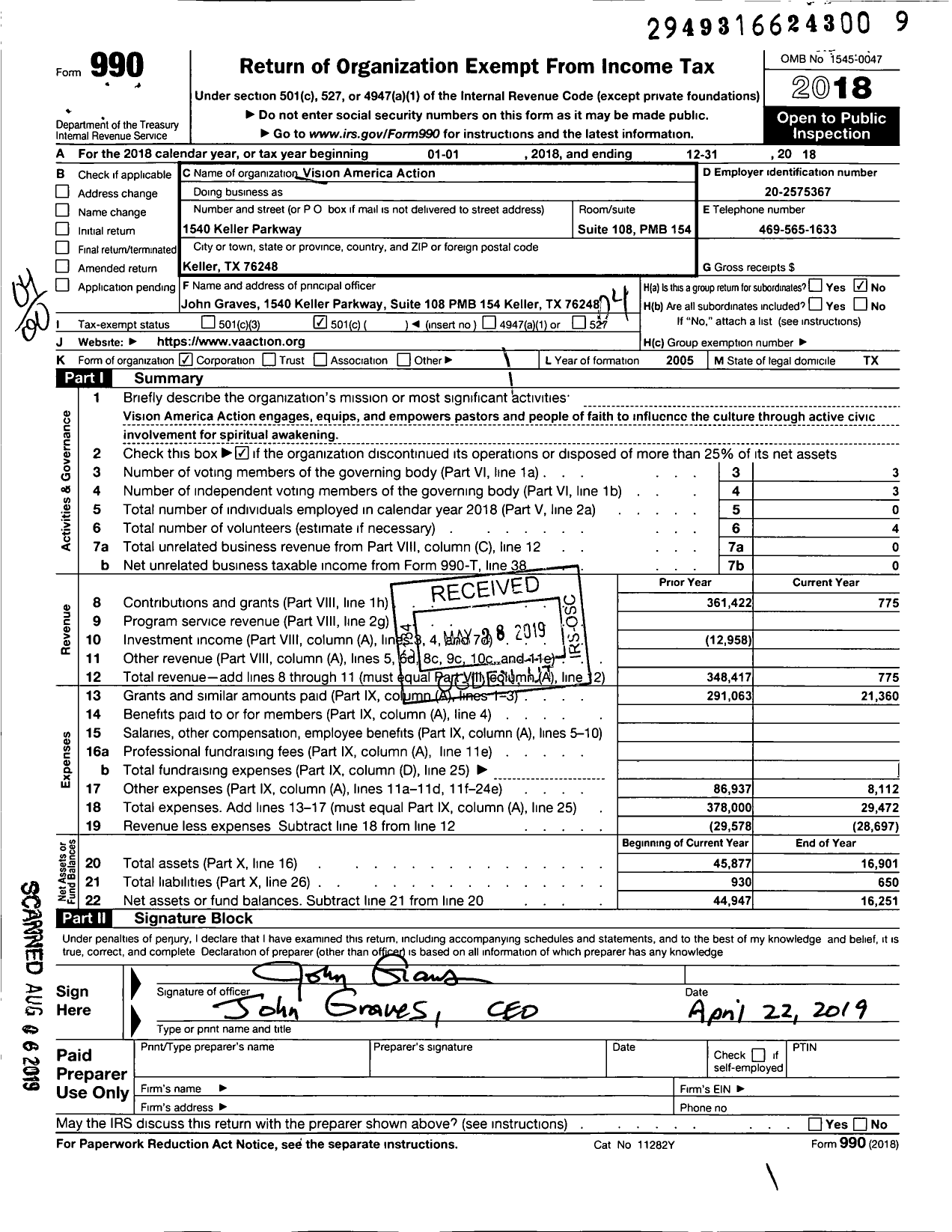 Image of first page of 2018 Form 990O for Vision America Action