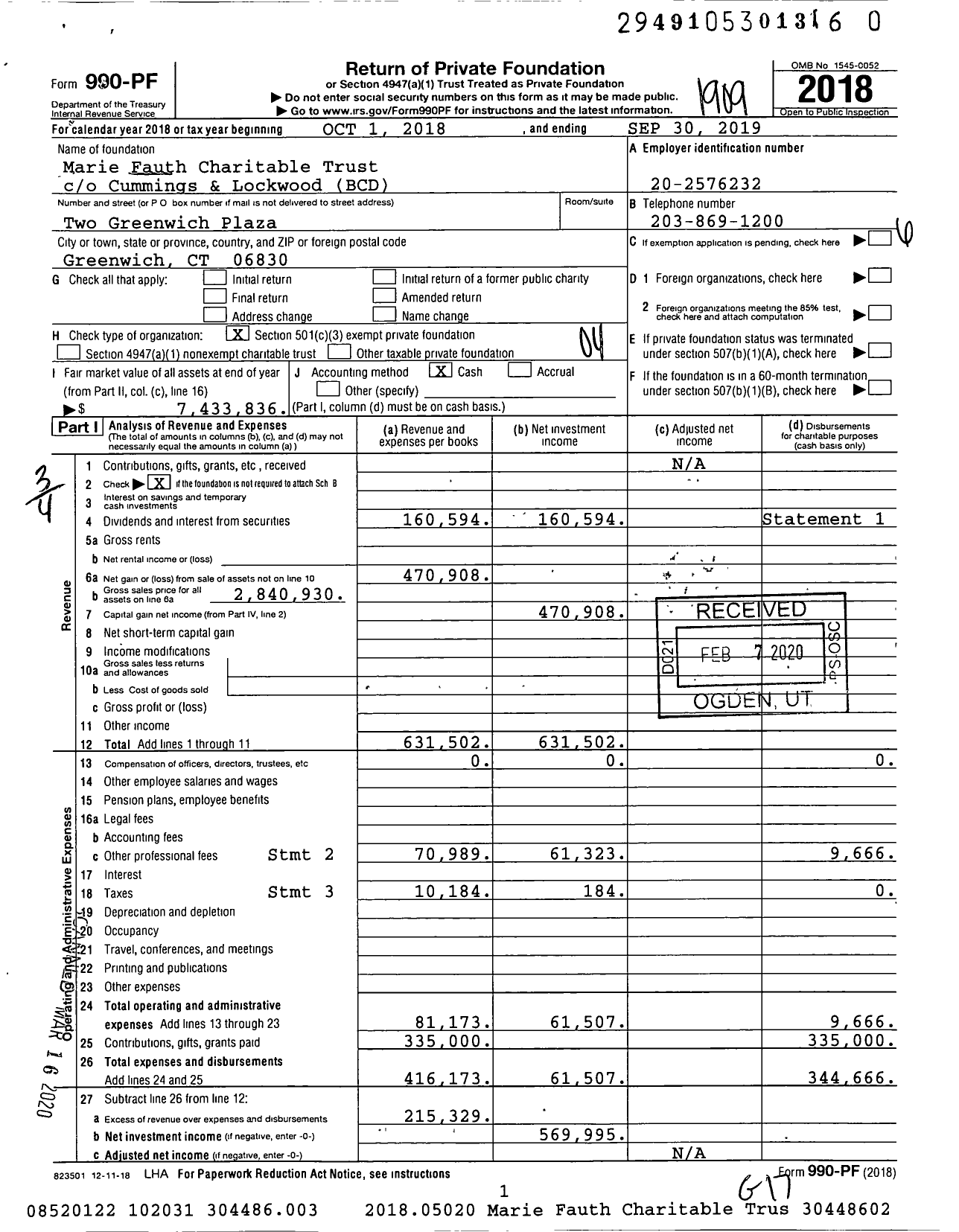 Image of first page of 2018 Form 990PR for Marie Fauth Charitable Trust