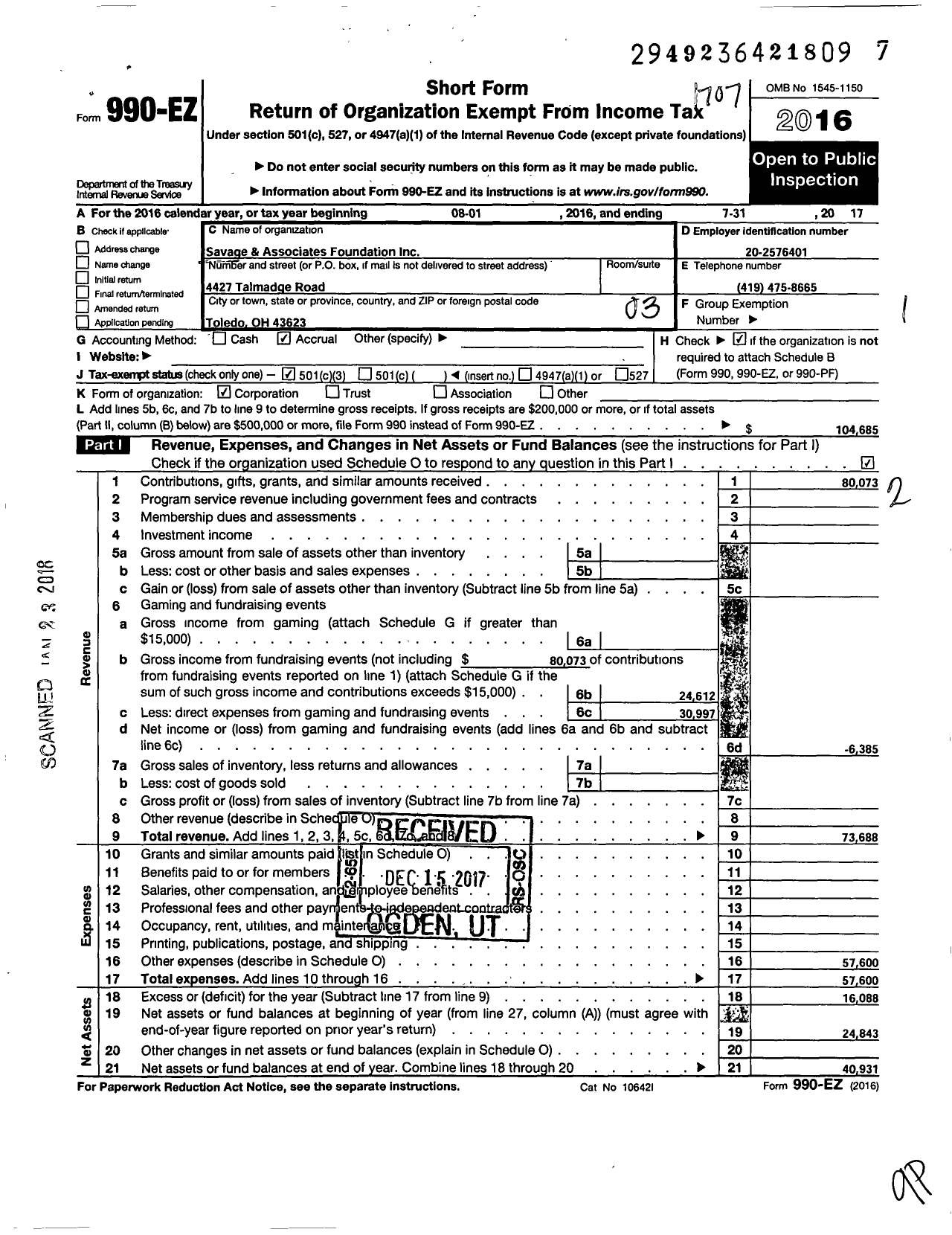 Image of first page of 2016 Form 990EZ for Savage and Associates Foundation