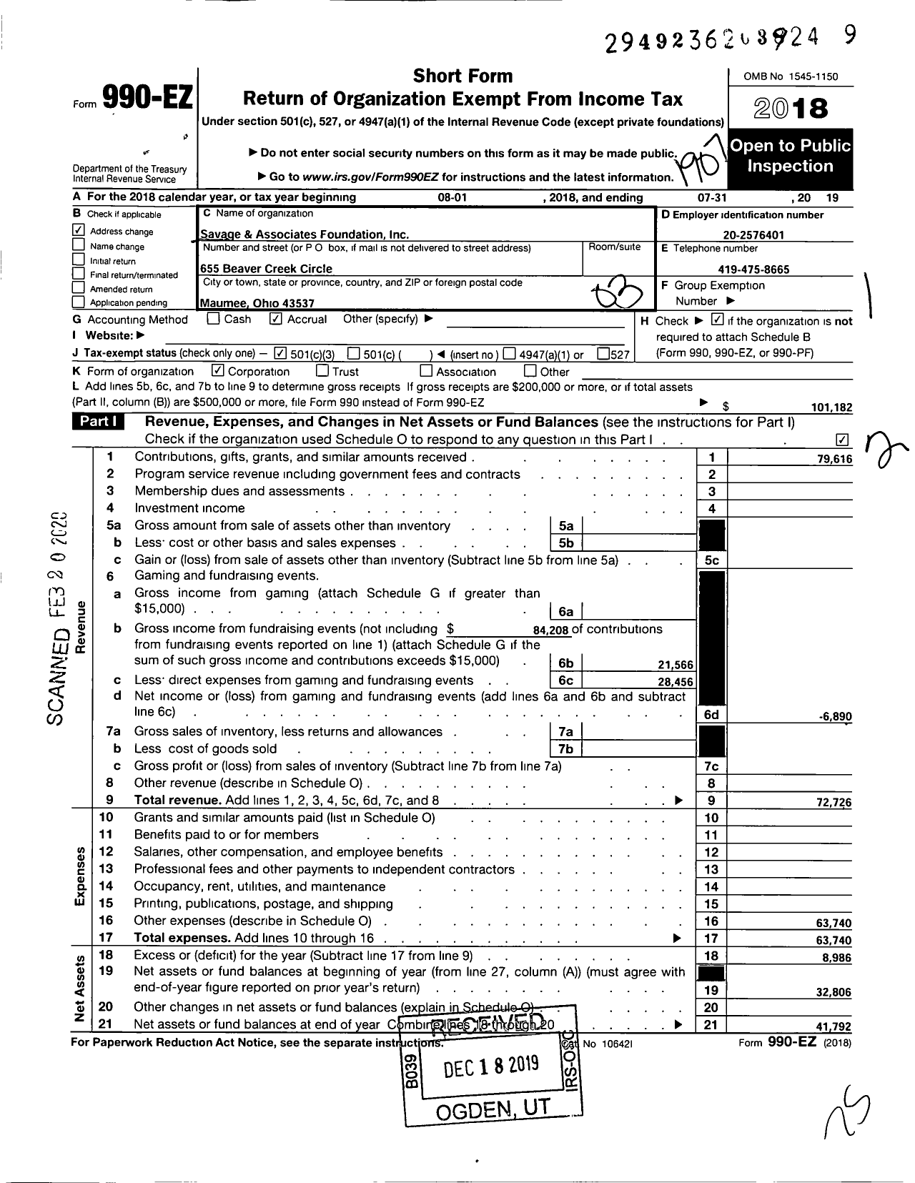 Image of first page of 2018 Form 990EZ for Savage and Associates Foundation