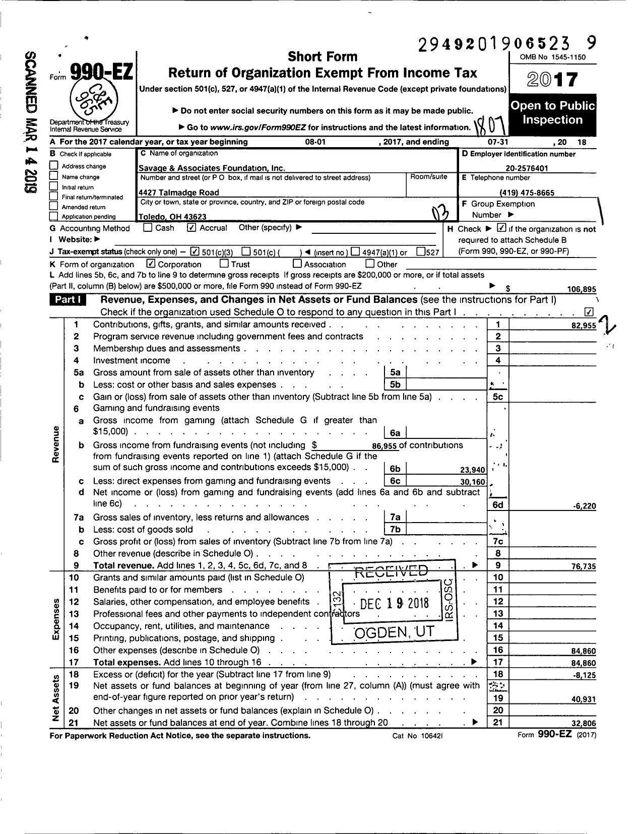 Image of first page of 2017 Form 990EZ for Savage and Associates Foundation