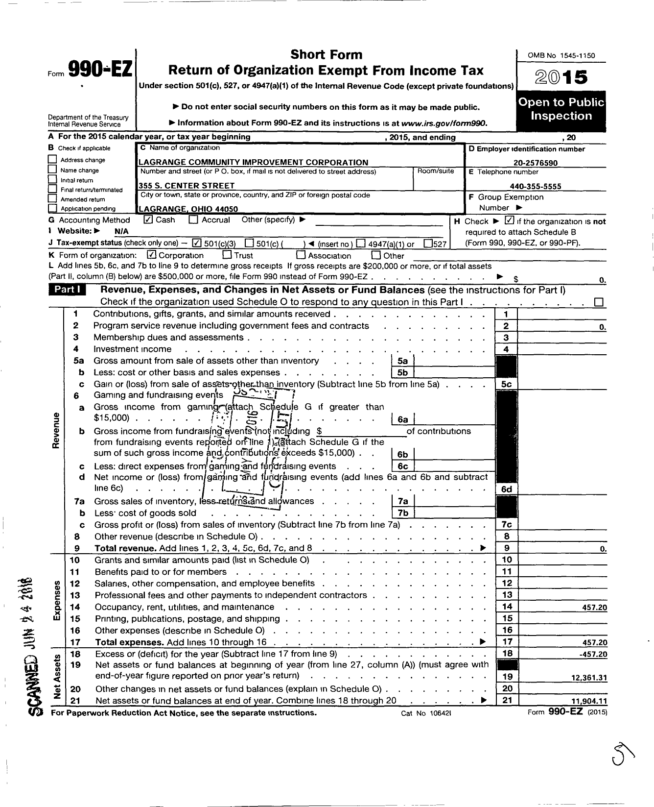 Image of first page of 2015 Form 990EZ for Lagrange Community Improvement Corporation