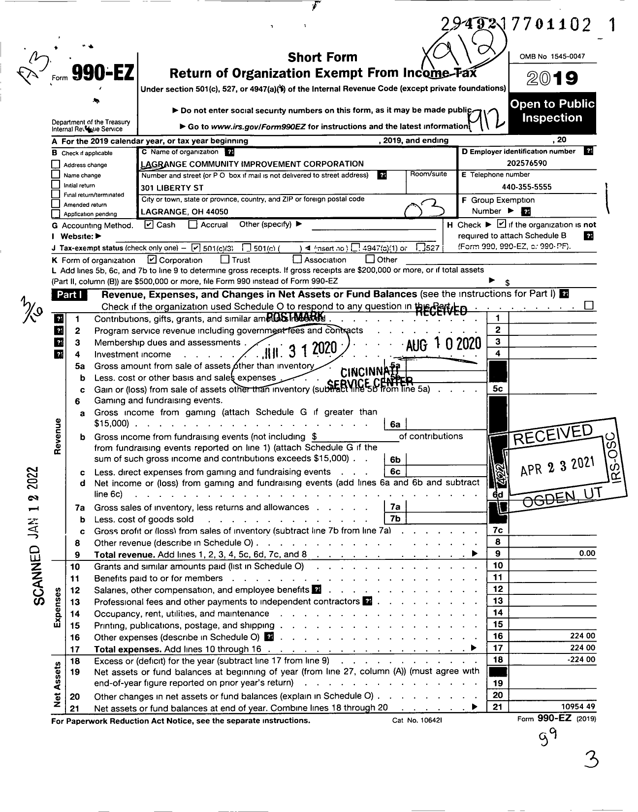 Image of first page of 2019 Form 990EZ for Lagrange Community Improvement Corporation