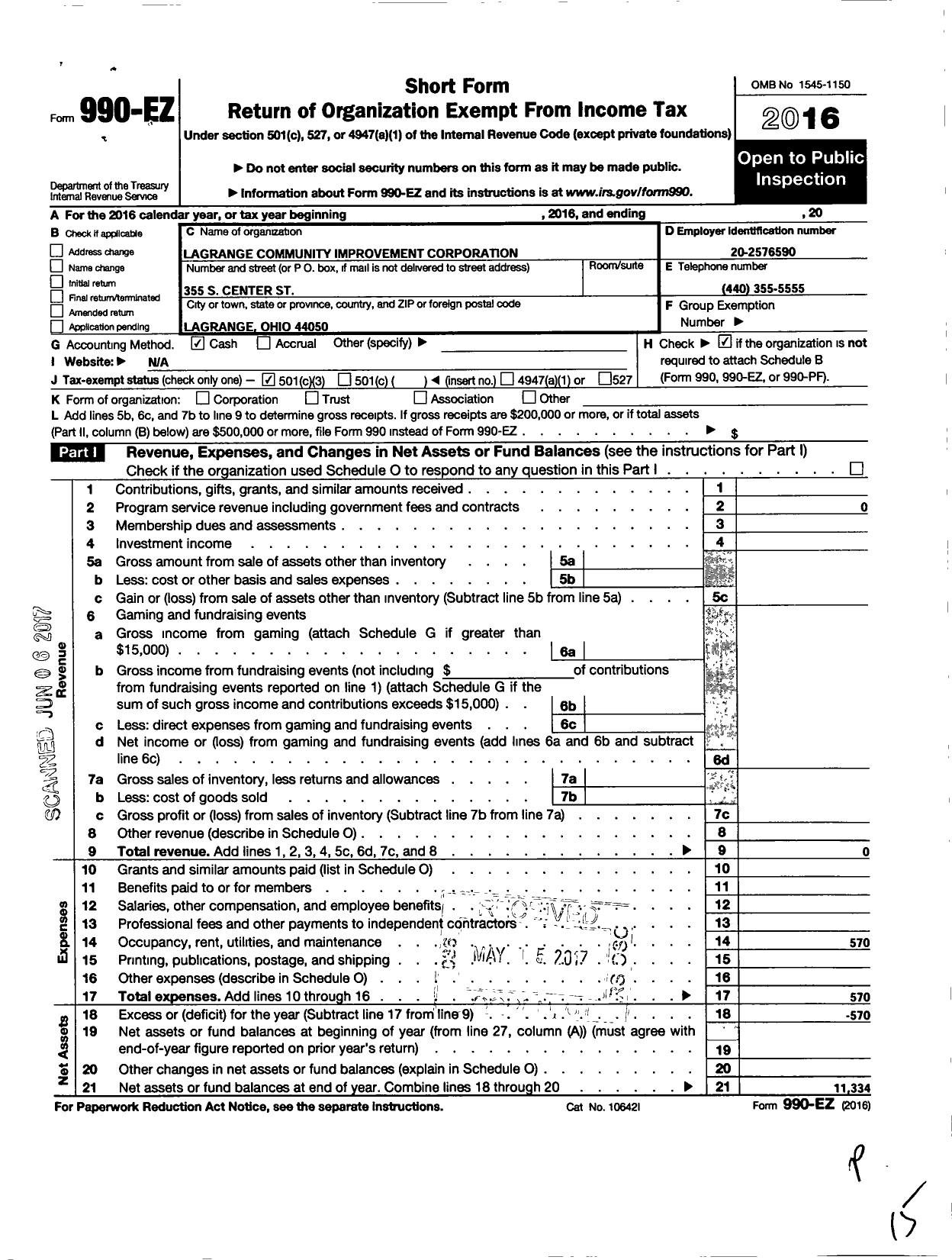 Image of first page of 2016 Form 990EZ for Lagrange Community Improvement Corporation