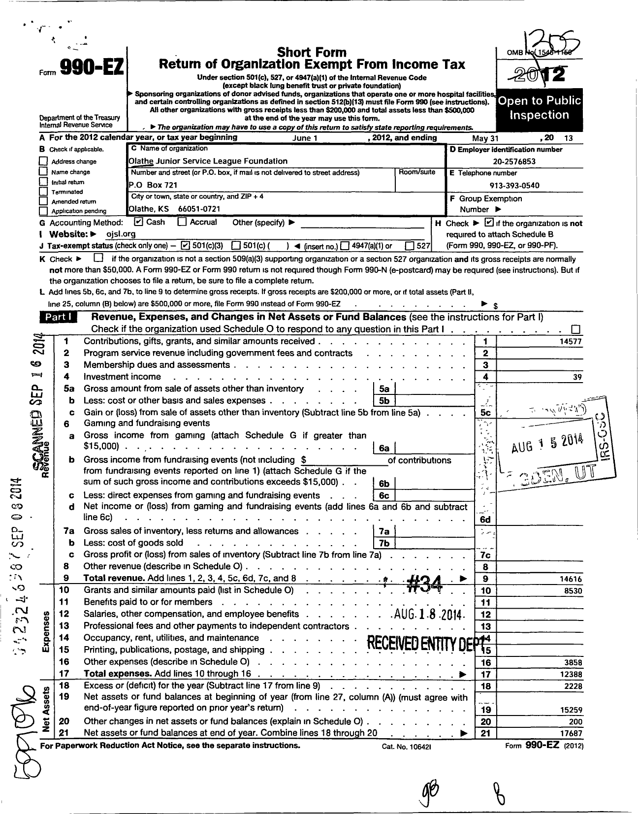 Image of first page of 2012 Form 990EZ for Olathe Junior Service League Foundation