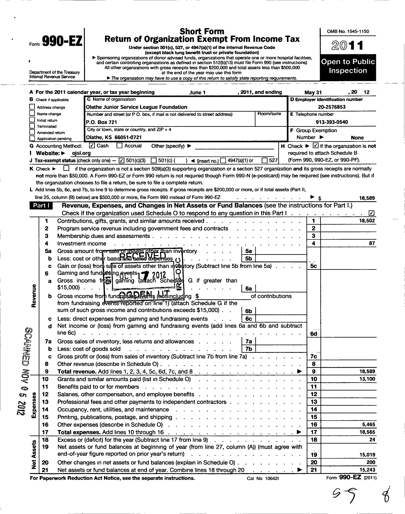 Image of first page of 2011 Form 990EZ for Olathe Junior Service League Foundation