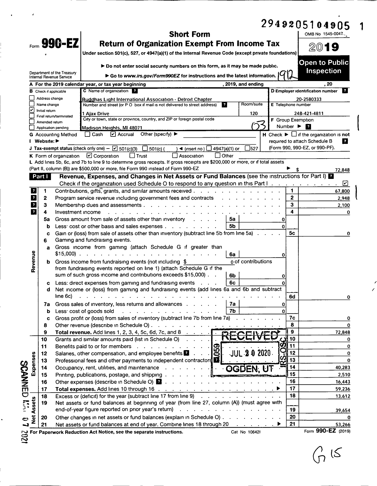 Image of first page of 2019 Form 990EZ for Buddhas Light International Association-Detroit Chapter