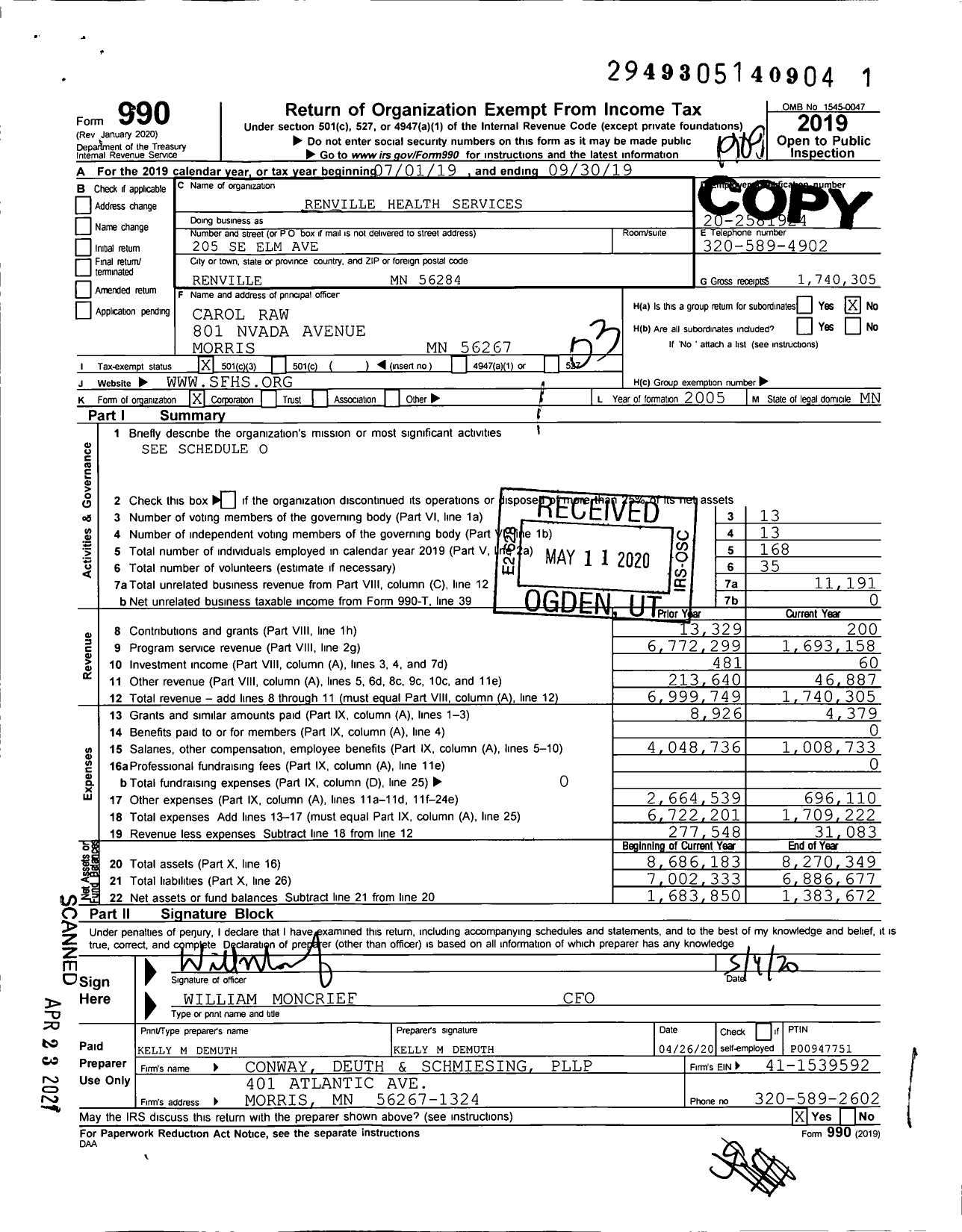 Image of first page of 2018 Form 990 for Renville Health Services